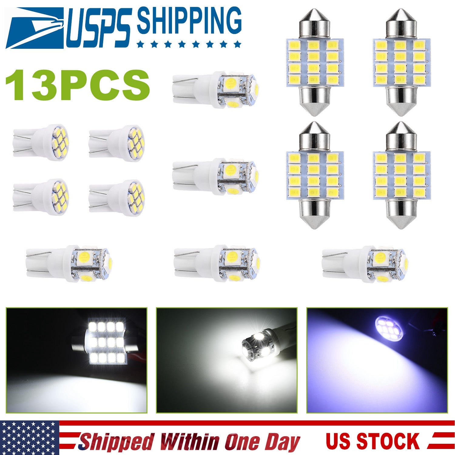 13Pcs T10 31mm Festoon LED Light Bulb Interior Dome Map LED Lights License Plate Trunk Side Positioning Lights 6000K White