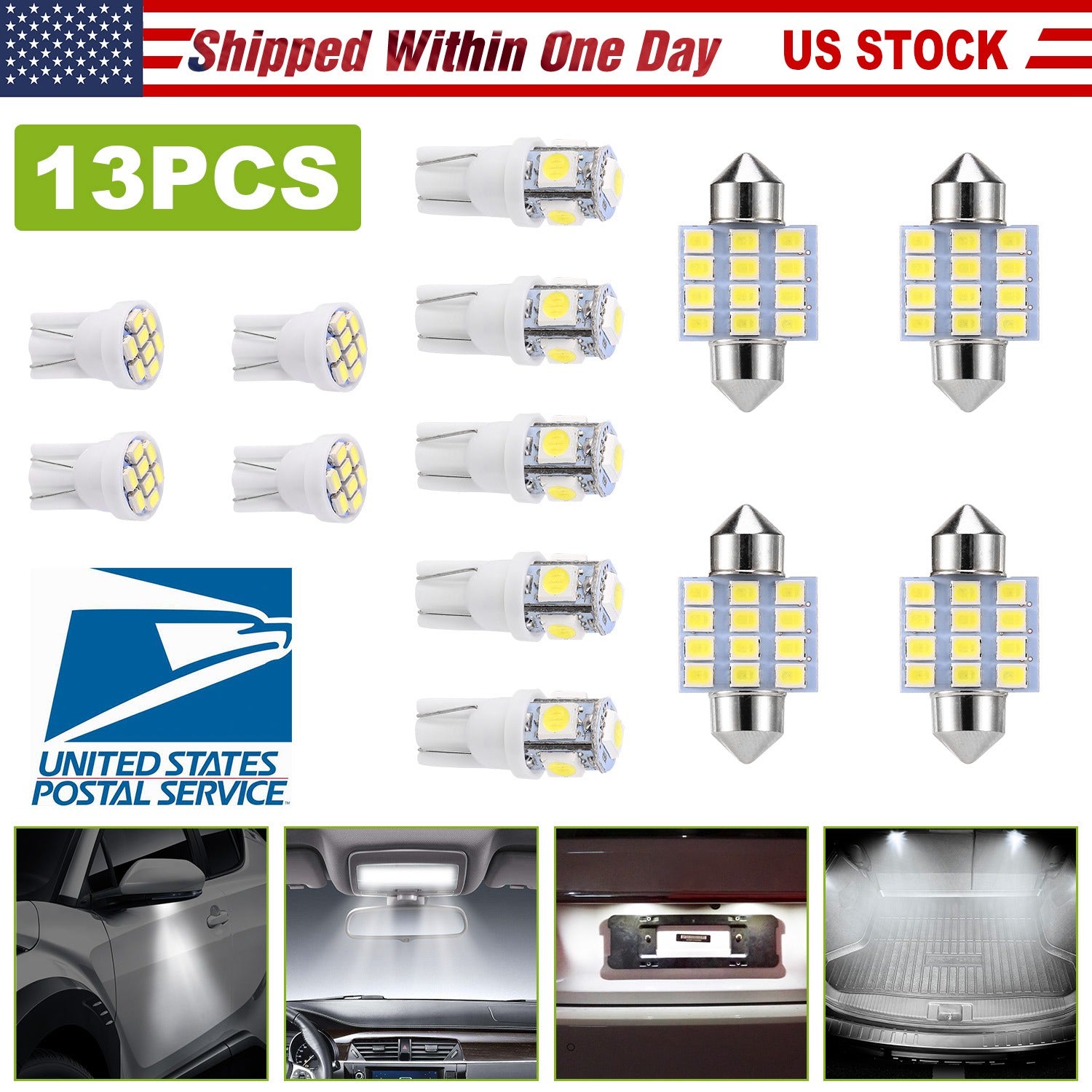 13Pcs T10 31mm Festoon LED Light Bulb Interior Dome Map LED Lights License Plate Trunk Side Positioning Lights 6000K White