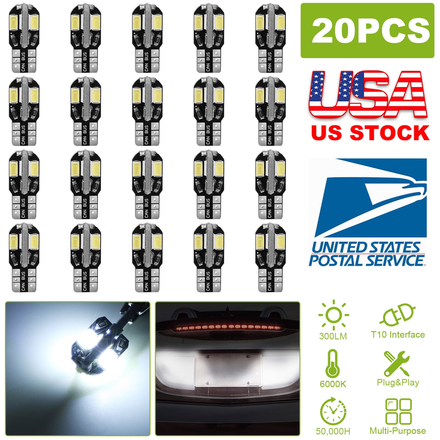 20Pcs T10 SMD5730 LED Light Bulbs 6000K Wedge Light Lamps Dome Map License Plate Car Interior Festoon Lights Kits