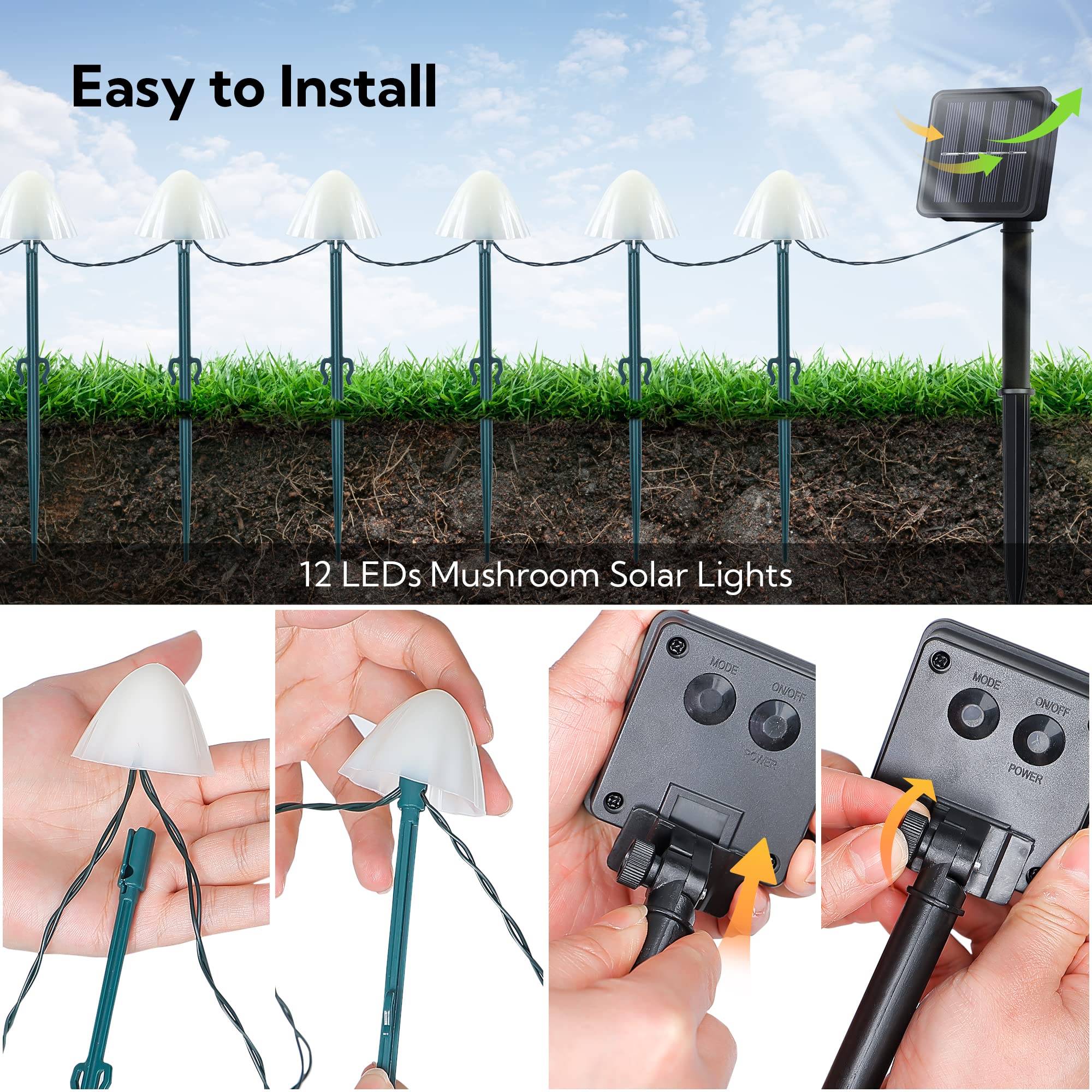 Pellimo Set Of 12Pcs Mushroom Solar Garden Lights,2 Modes 14.5Ft Solar Powered Mushroom Night String Lights Waterproof For Outdoor Pathway Garden Lawn Party Christmas Decor (Multicolor)