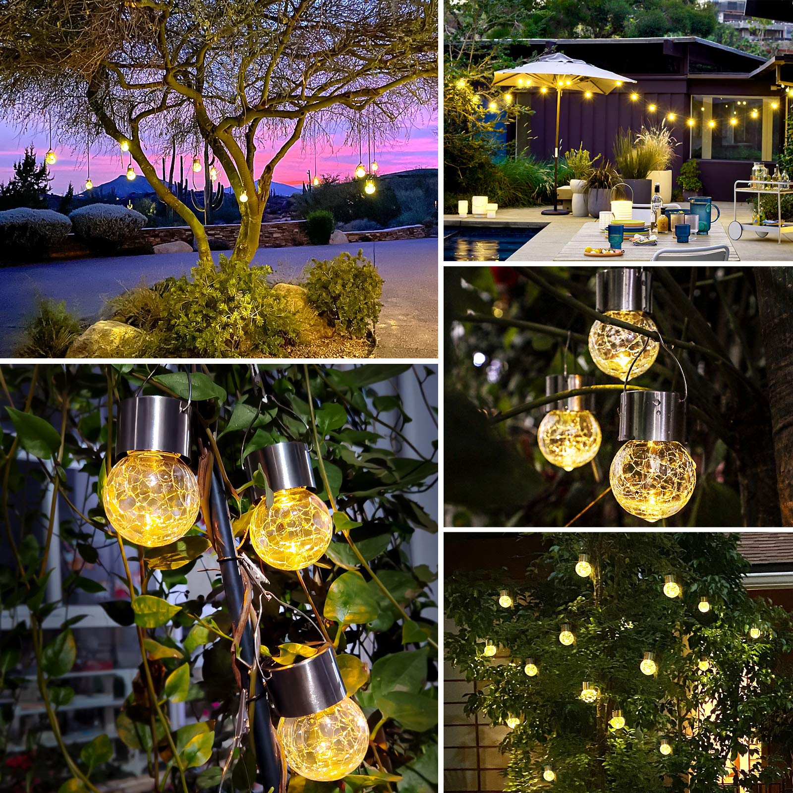 Bosceos 12-Pack Hanging Solar Lights - Waterproof Cracked Glass LED Globes, Warm White for Garden Patio Christmas Decoration