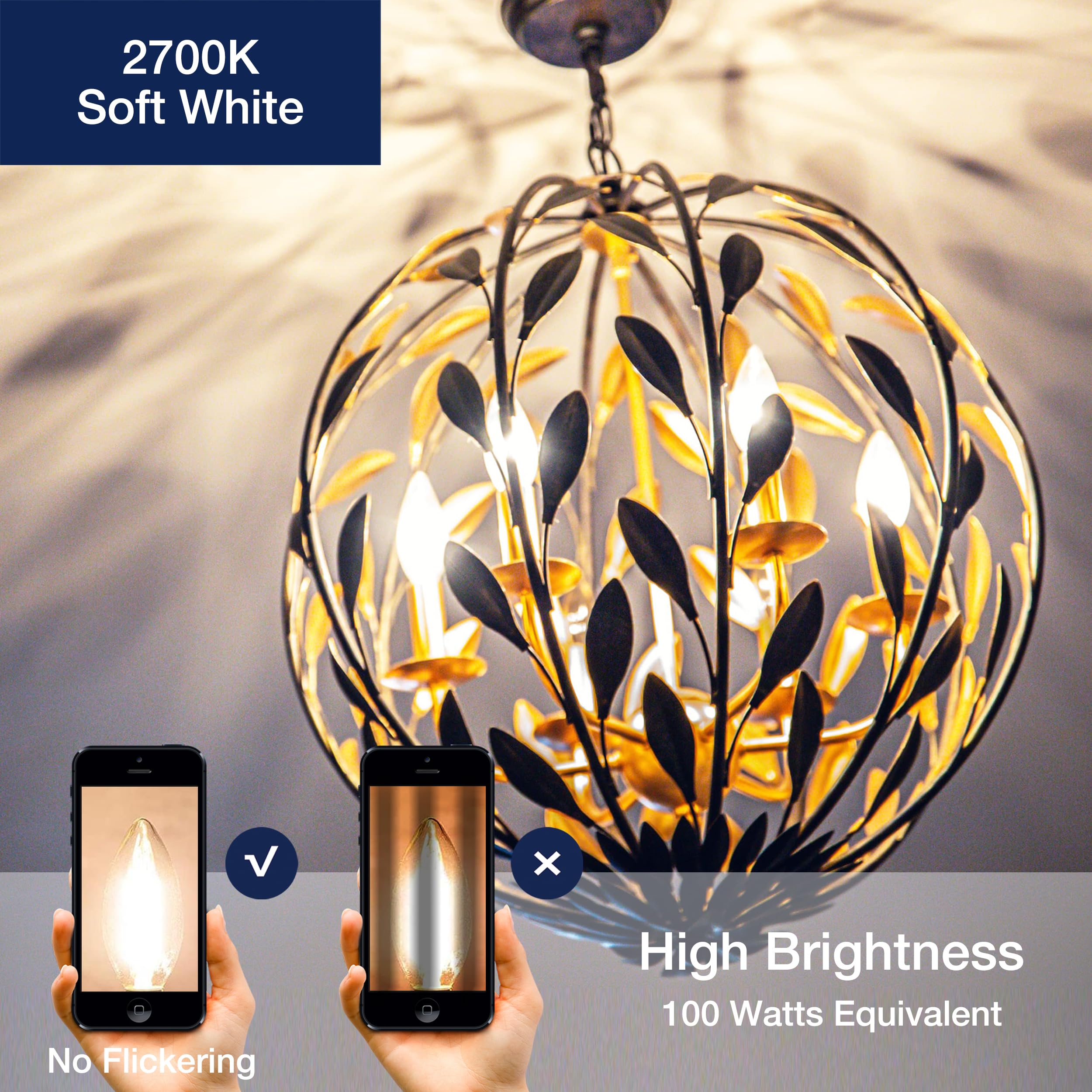 Flsnt 100W Equivalent Led Candelabra Bulbs, 800Lm Dimmable Led Chandelier Light Bulbs, 2700K Soft White, E26 Base, 12 Pack