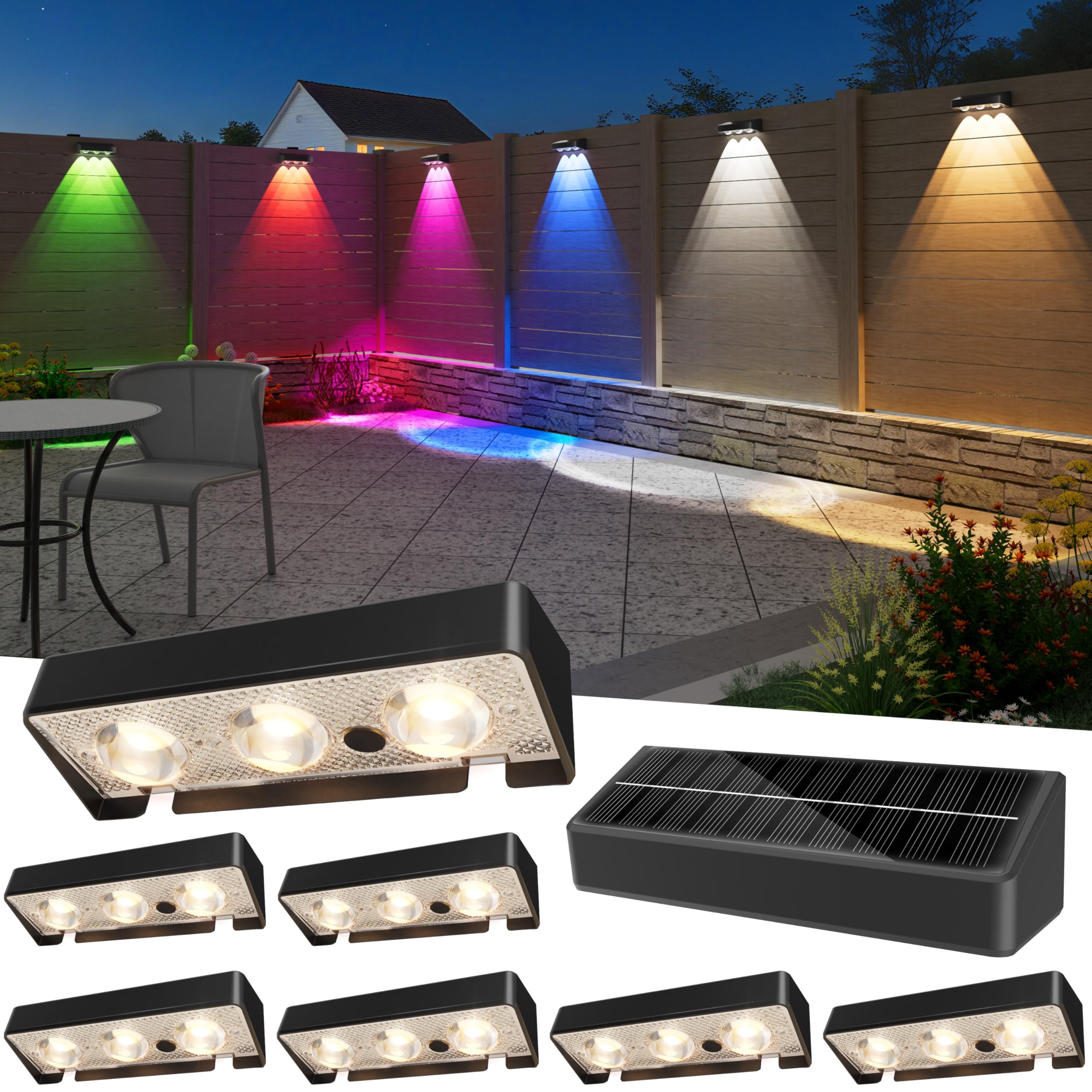 JOFIOS Solar Fence Lights Outdoor  8 Pack  9 Fixed Colors & Color Changing Fence Lights Solar Powered Waterproof IP65 Dusk-to-Dawn LED Deck Lighting for Patio  Railing  Pool  Porch  Backyard  Wall