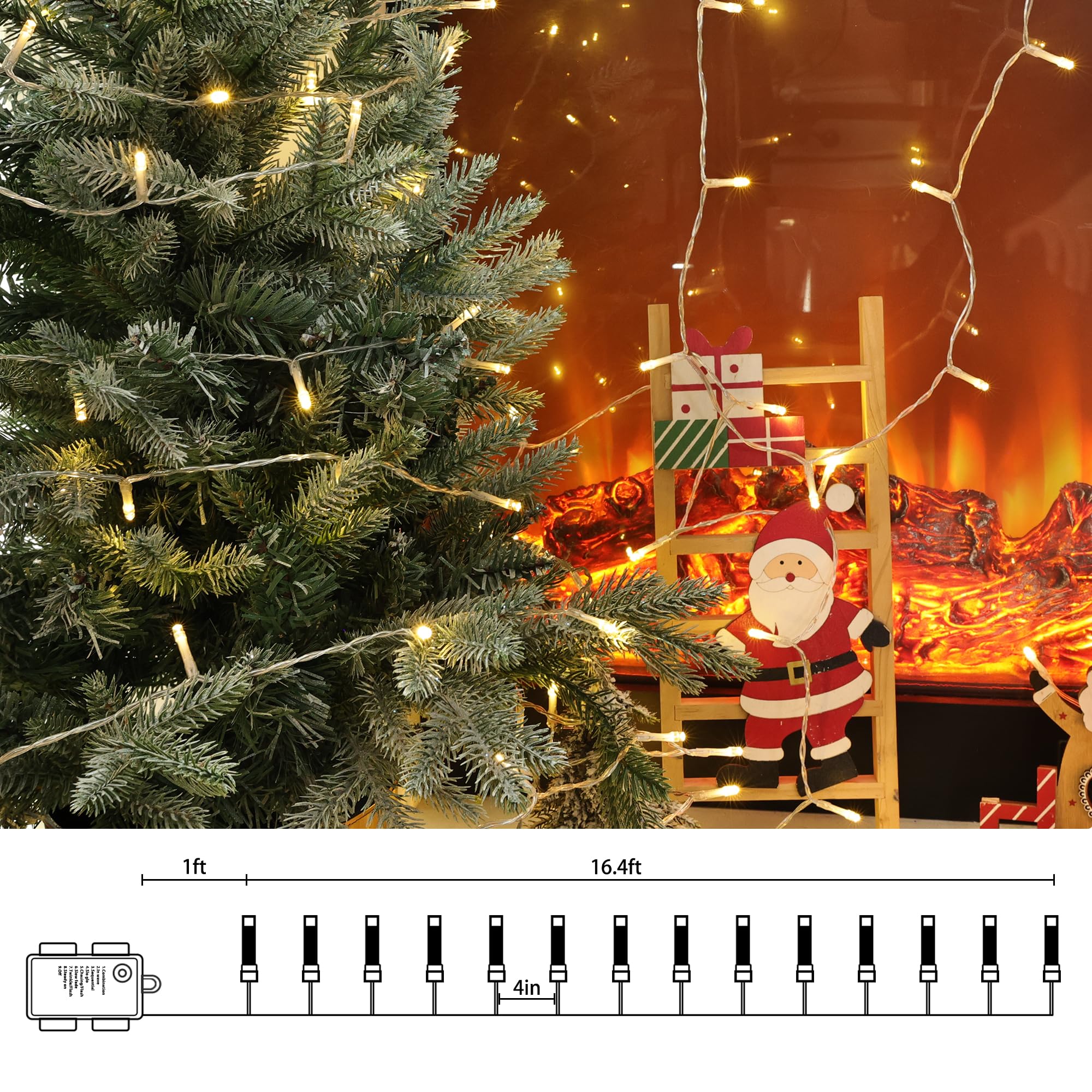 Lomotech Battery Operated Christmas Lights 66ft 200 LEDs Waterproof 8 Modes Clear Wire Warm White - Model LED08230200