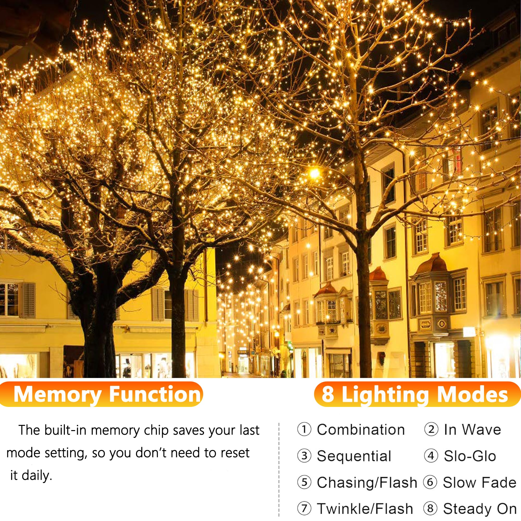 Joomer Solar Fairy Lights 320LED 104FT Waterproof 8 Modes Outdoor Decoration Warm White SSM0080-S-2V