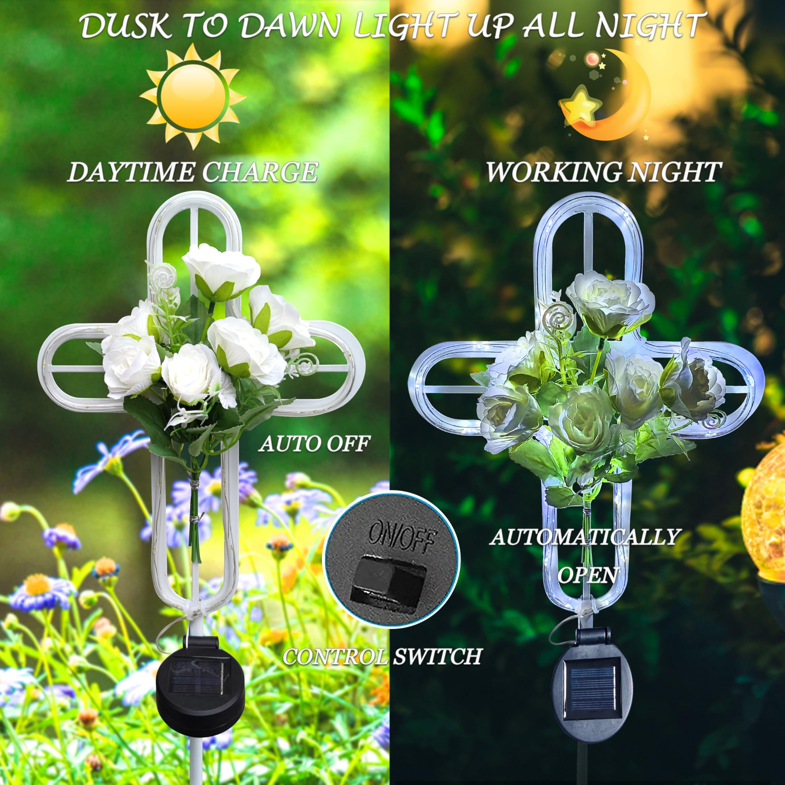 Coozzyhour Solar Cross Garden Stake Lights, Cemetery Decorations For Grave Outdoor Led Light, Artificial Flowers Cross For Remem