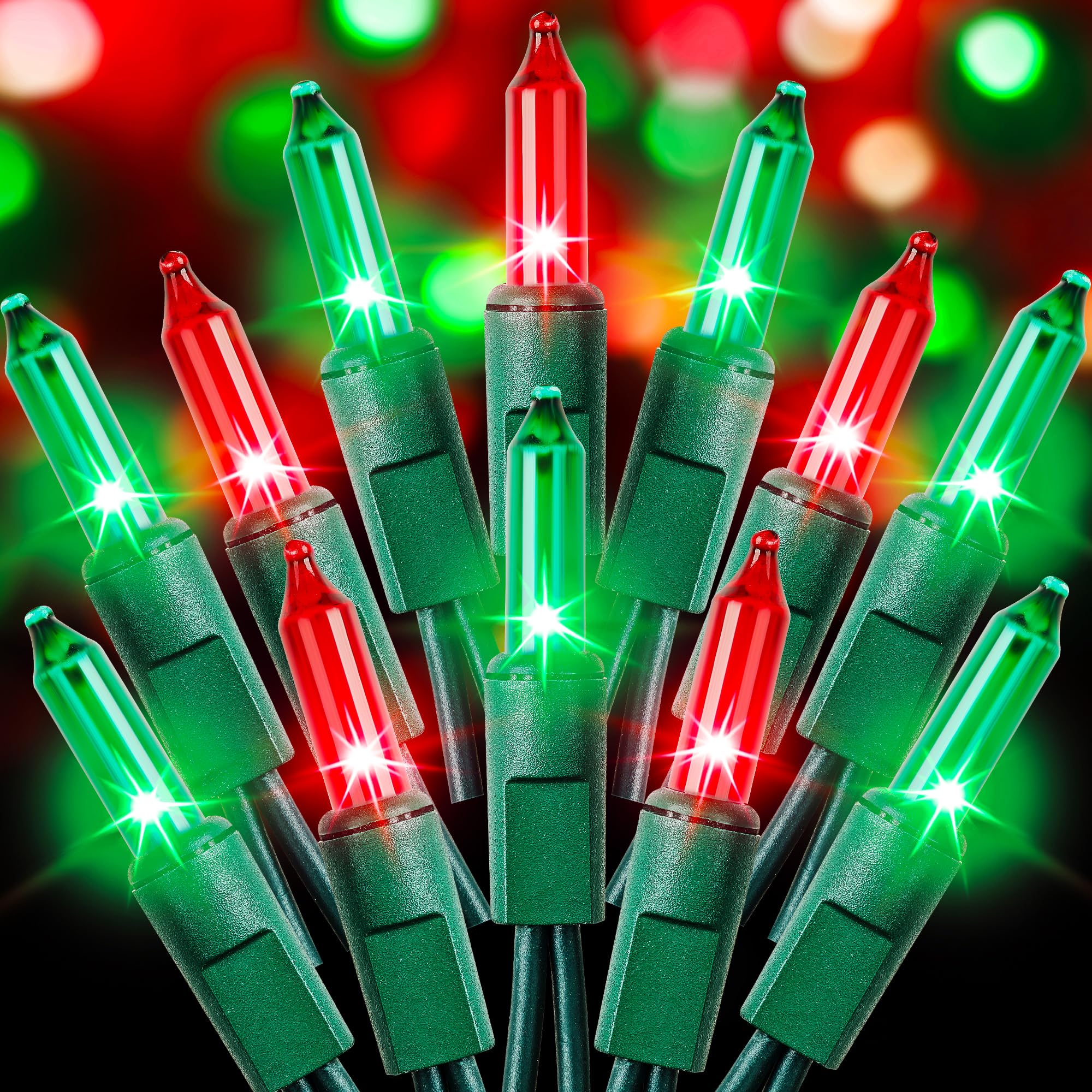 Dirnun Red and Green Christmas Lights 100 Count Incandescent Lights UL Certified Connectable Christmas Tree Lights with Green Wires for Indoor Outdoor Xmas, Wedding, Holiday, Party, Home Decorations