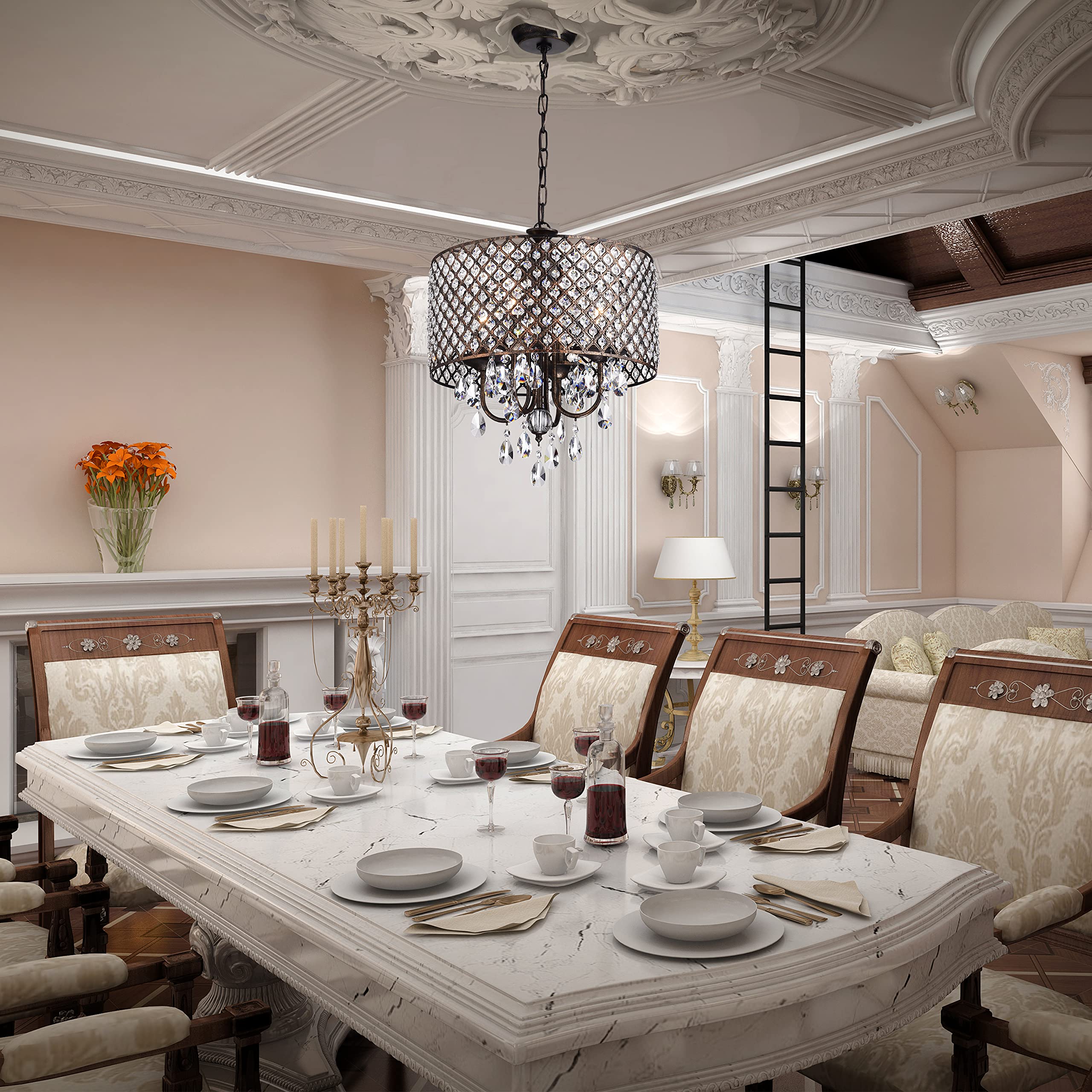 Edvivi Marya Drum Crystal Chandelier, 4 Lights, Antique Copper Finish, Adjustable Ceiling Light, Model EPG8019AC