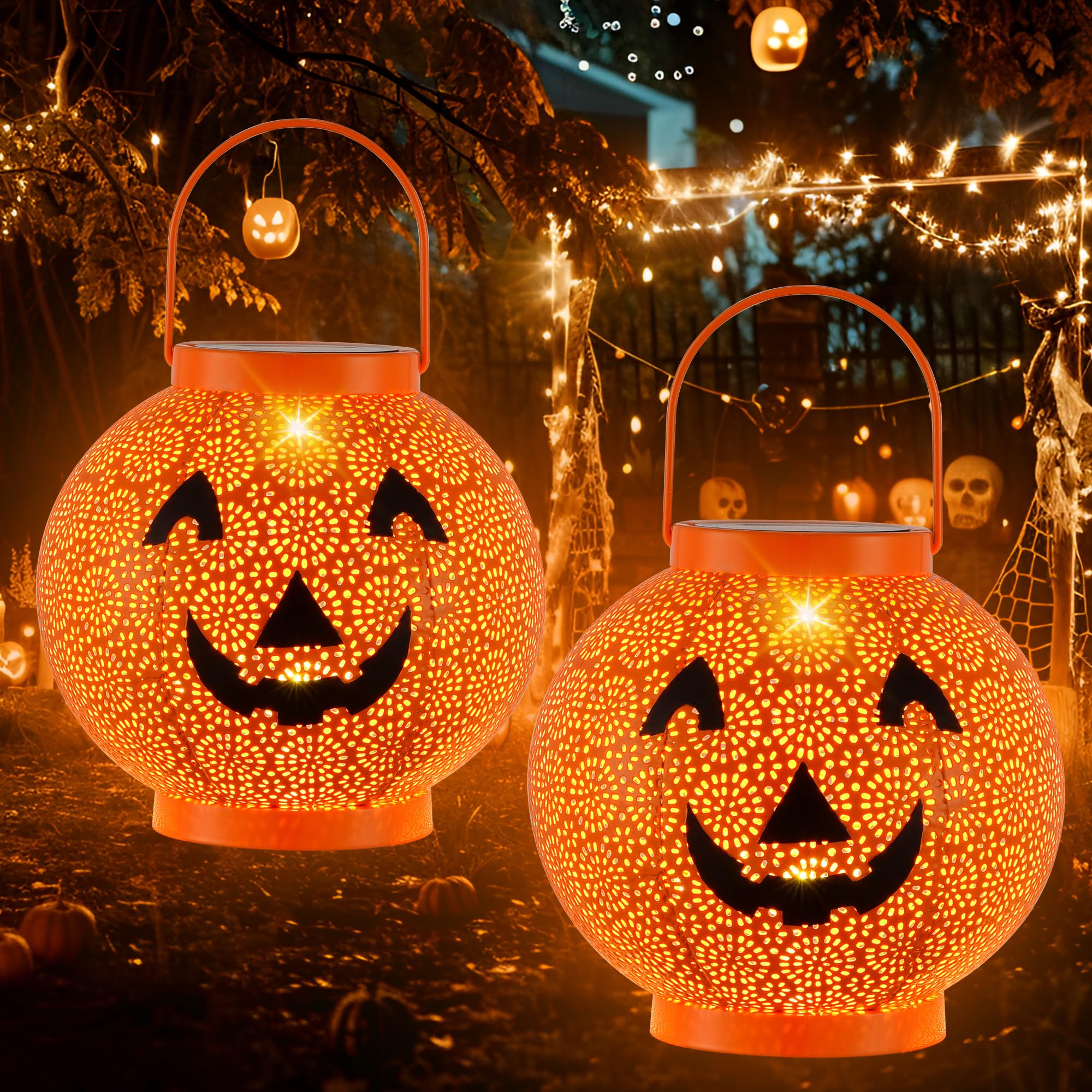 Perpaime 2 Pack Solar Powered Halloween Lanterns - Waterproof Orange Jack-O-Lanterns For Outdoor Decor