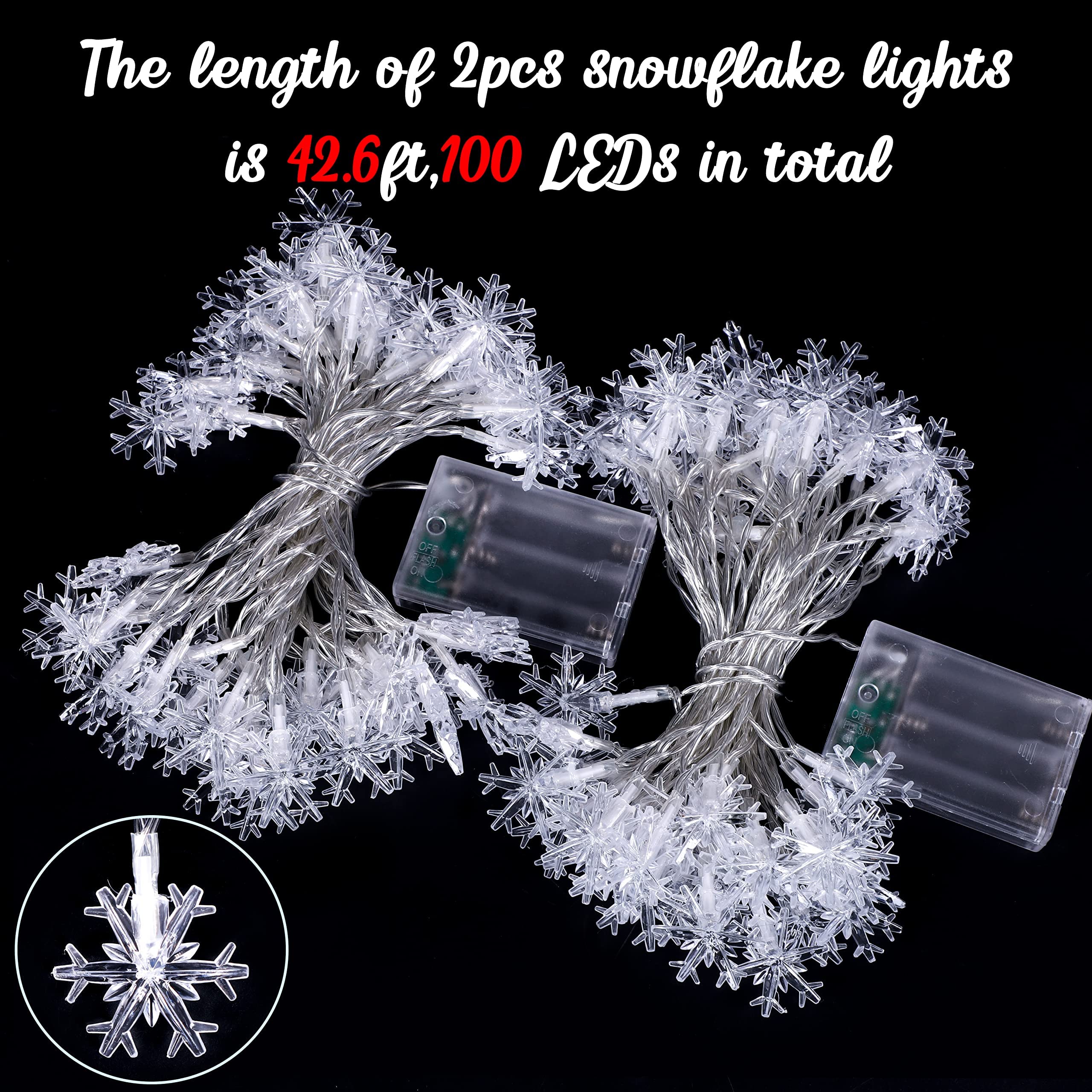 2 Packs 100 Led Christmas Snowflake String Lights Hanging Decorations - Winter Wonderland Lighted Decor For Holiday Xmas Indoor Outdoor Party Supplies (42.6Ft,Batteries Not Included)