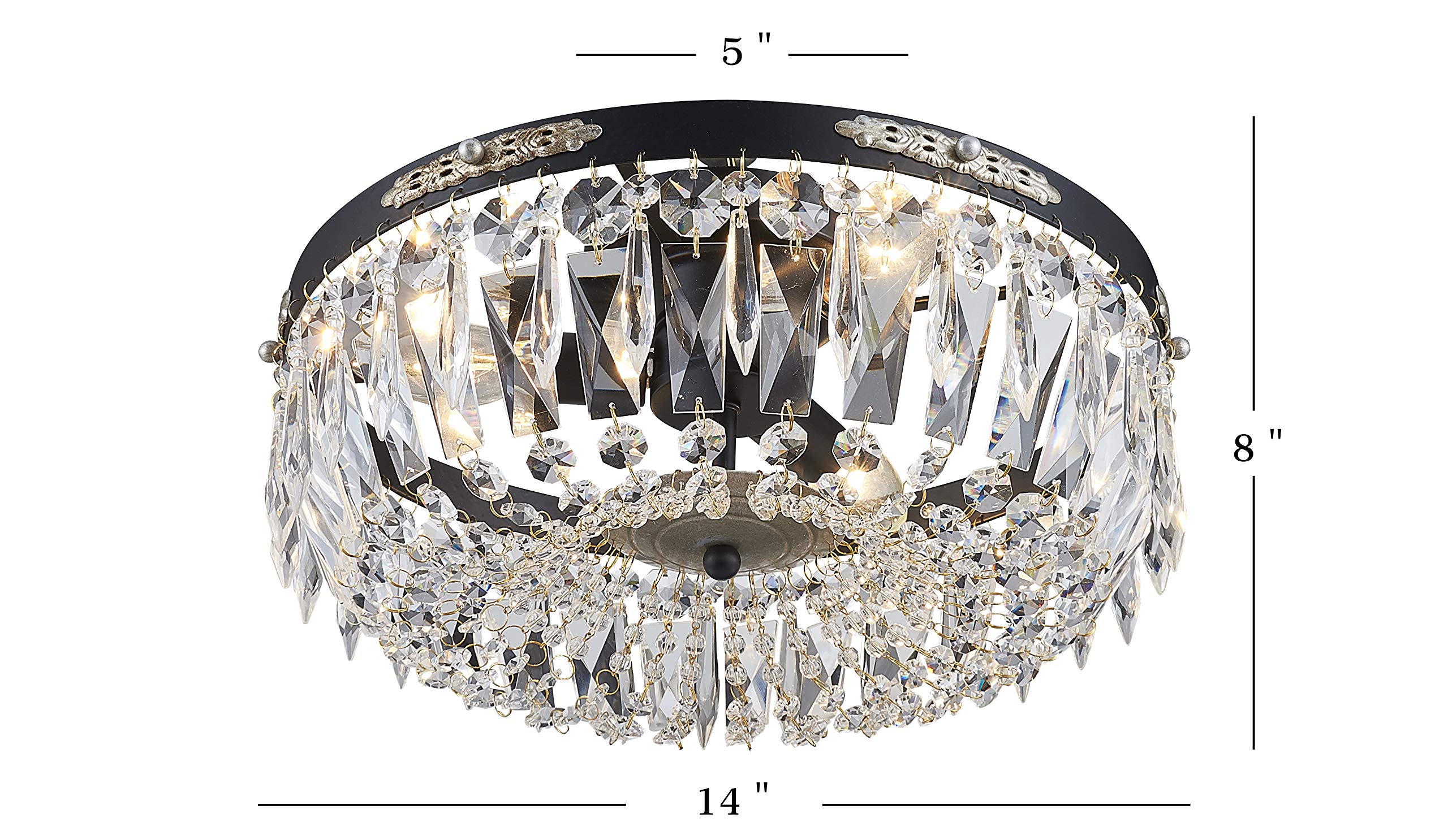 Bestier Black Crystal Semi Flushmount Chandelier Lighting, Metal, Ceiling D14in x H8in, 4 E12 Bulbs Required