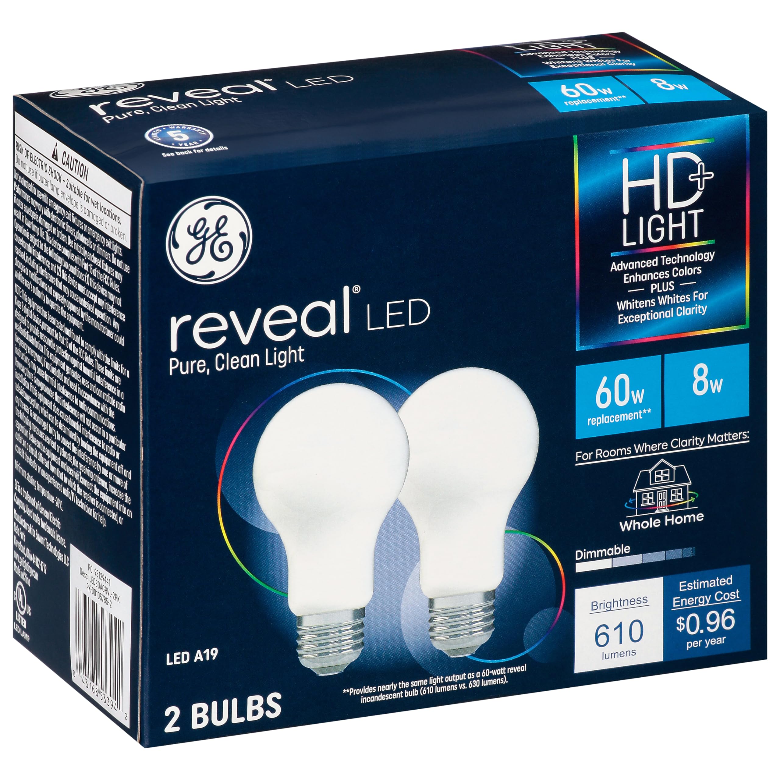 Ge Lighting Reveal Led Light Bulbs, 9 Watt (60 Watt Equivalent) Hd+ Light, Standard Bulb Shape, Medium Base, Dimmable (2 Pack)