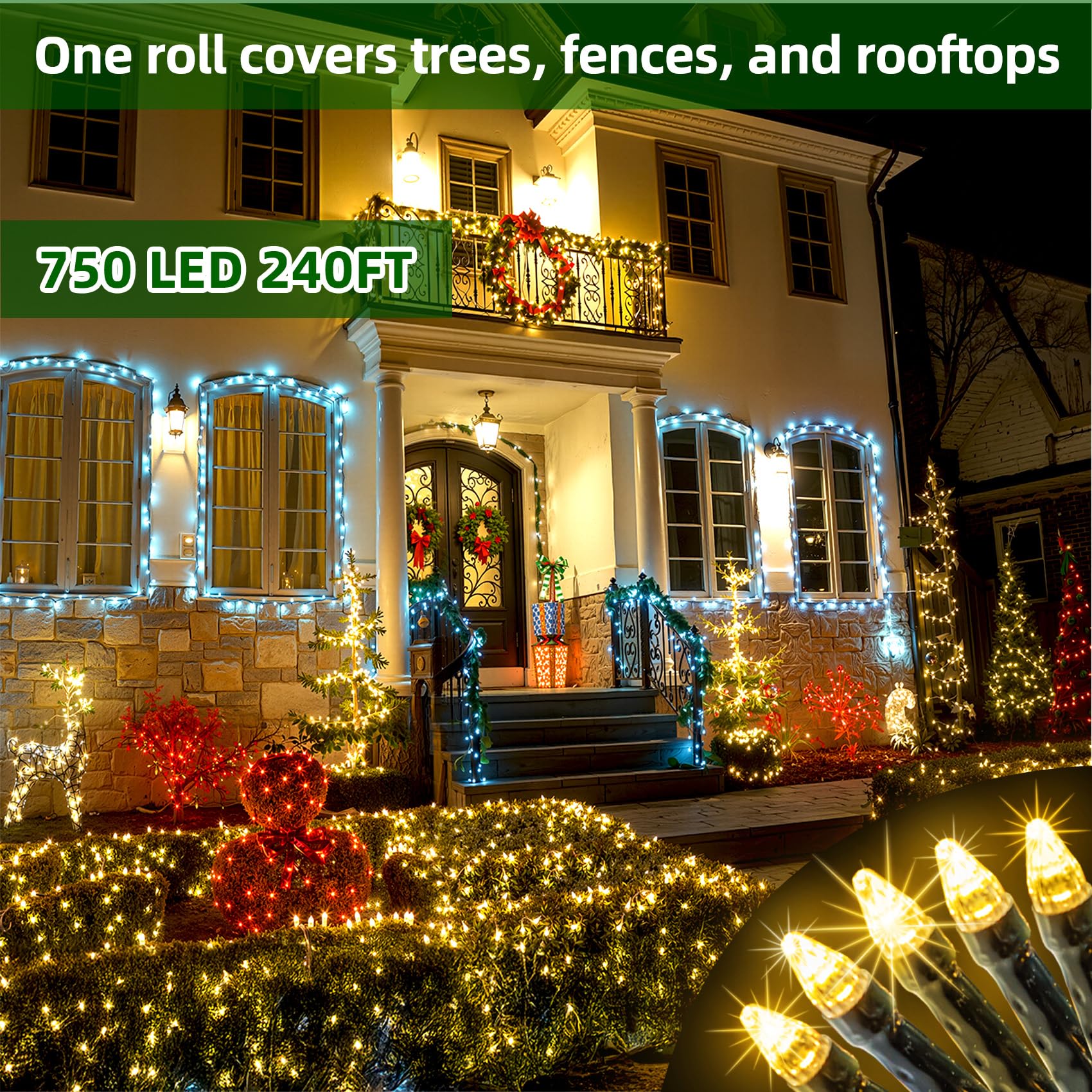 Quhuatu 750 Led 240Ft Christmas Lights Outdoor 12 Lighting Modes Christmas String Lights With Timer  Dimmable Warm White Led Stringlights Waterproof For Yard Tree Wedding Party Holiday Warm White