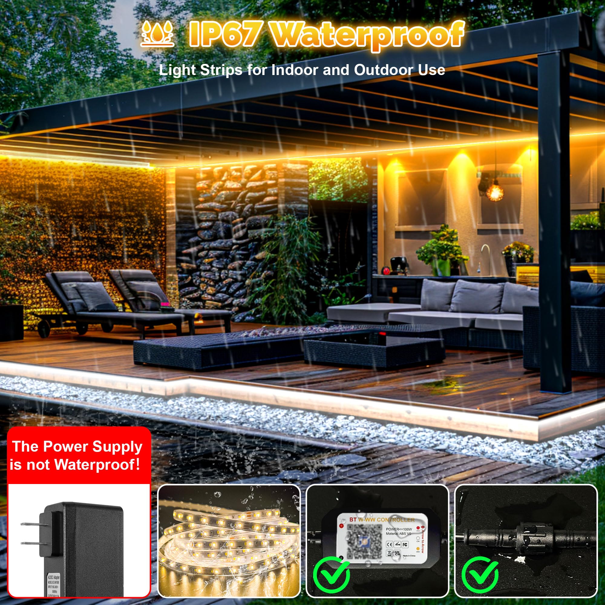 TENDIST 65.6FT Waterproof LED Strip Lights, Dimmable 3000K-6500K, Silicone-Coated, Remote & APP Control, Model SSDWW2100