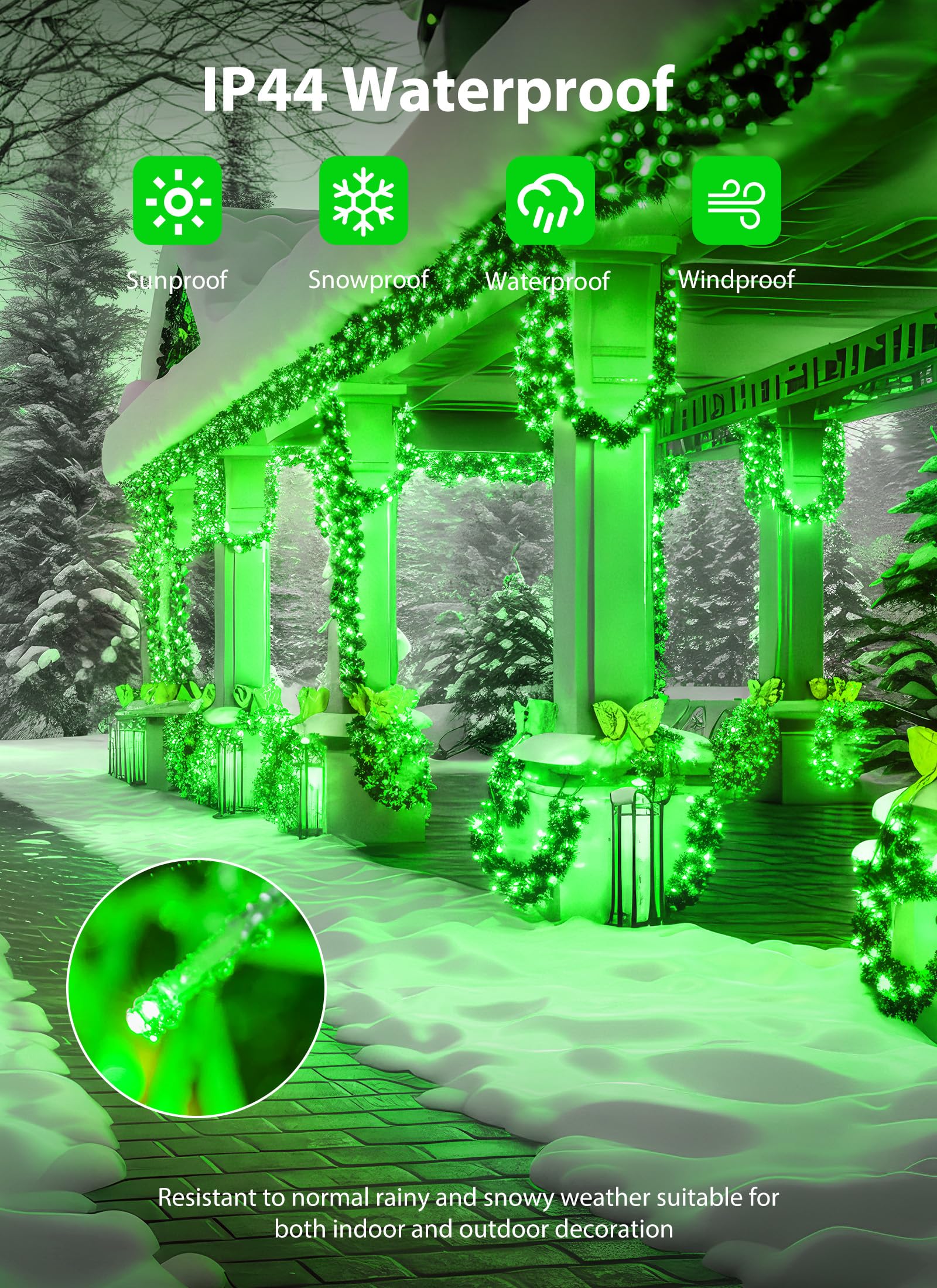 Minetom Christmas Lights - 200 LED Cluster String Lights, 10FT, Waterproof, 12 Modes, Green, Model DMO-S-200