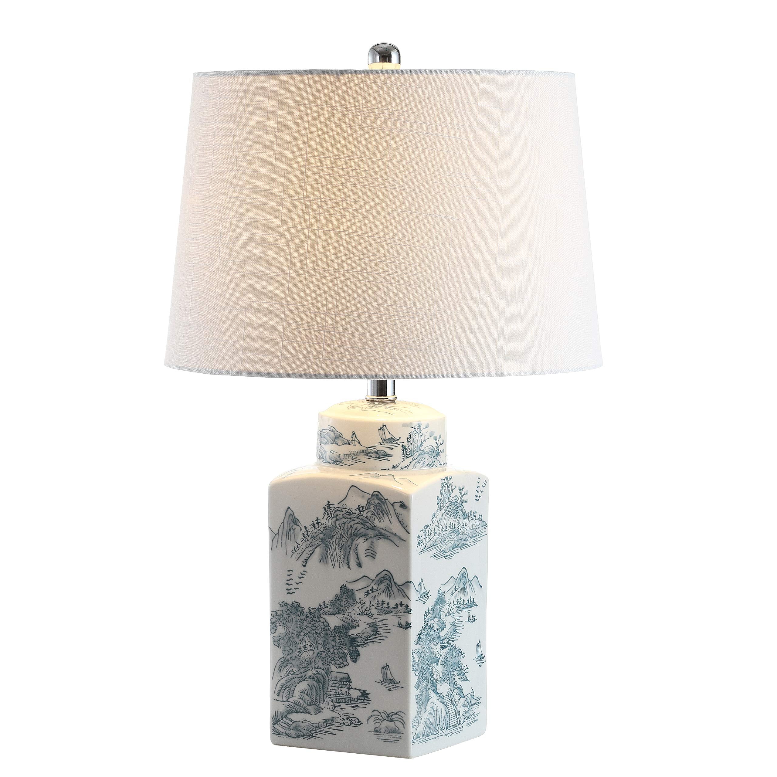 JONATHAN Y 24.5 Blue/White Chinoiserie Ceramic Table Lamp  Traditional Square Ginger Jar Mountain Toile Lamp for Living Room Bedroom  Linen Drum Shade  LED Bulb Included JYL5052A