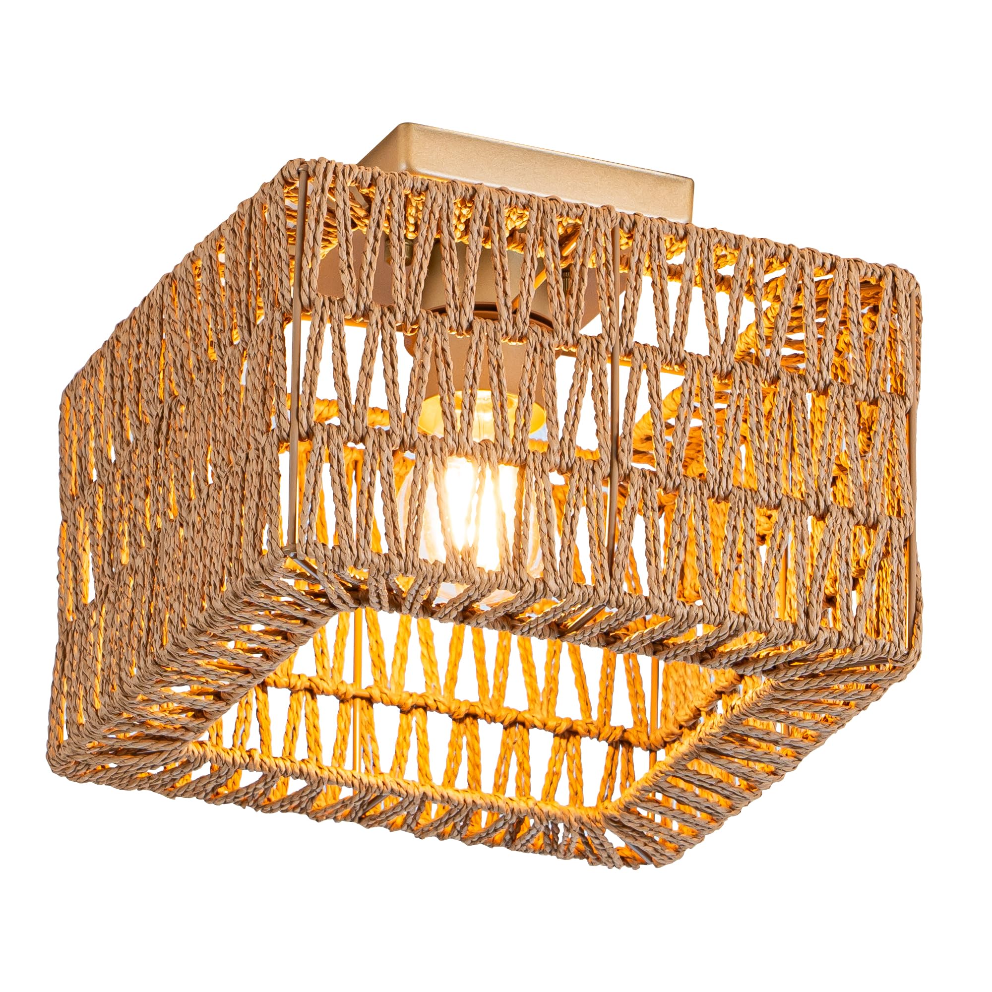 Rpzloila Rattan Ceiling Light  Gold Boho Light Fixture  Square Flush Mount Ceiling Light for Bedroom  Hallway  Entryway  Kitchen  Cabinet