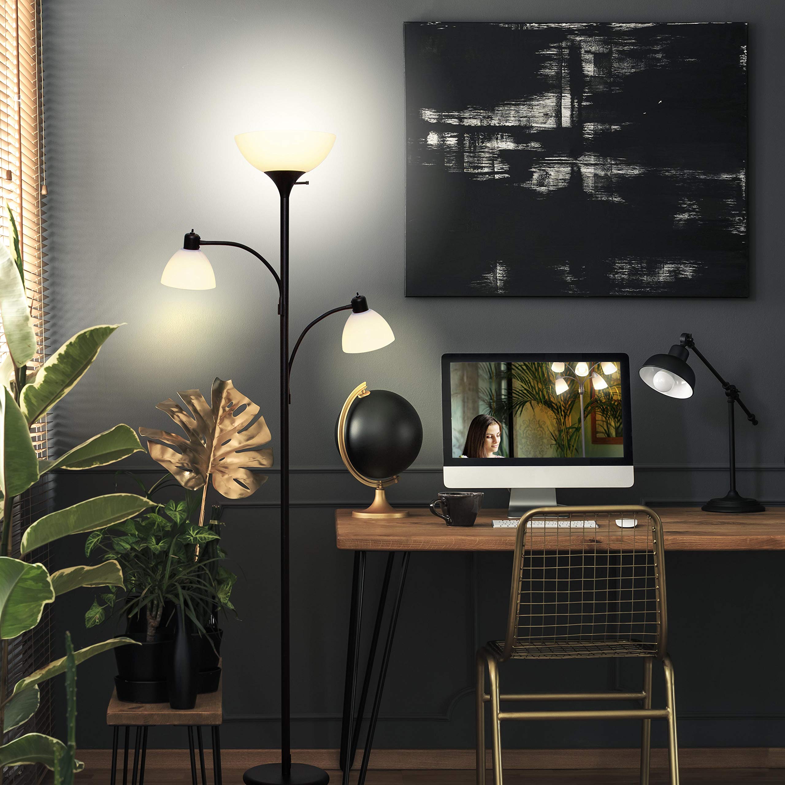 Brightech Sky Dome Double Led Floor Lamp - Dimmable Black Torchiere With 2 Reading Lamps For Living Rooms & Offices - Model Fl-Dme2-Blk