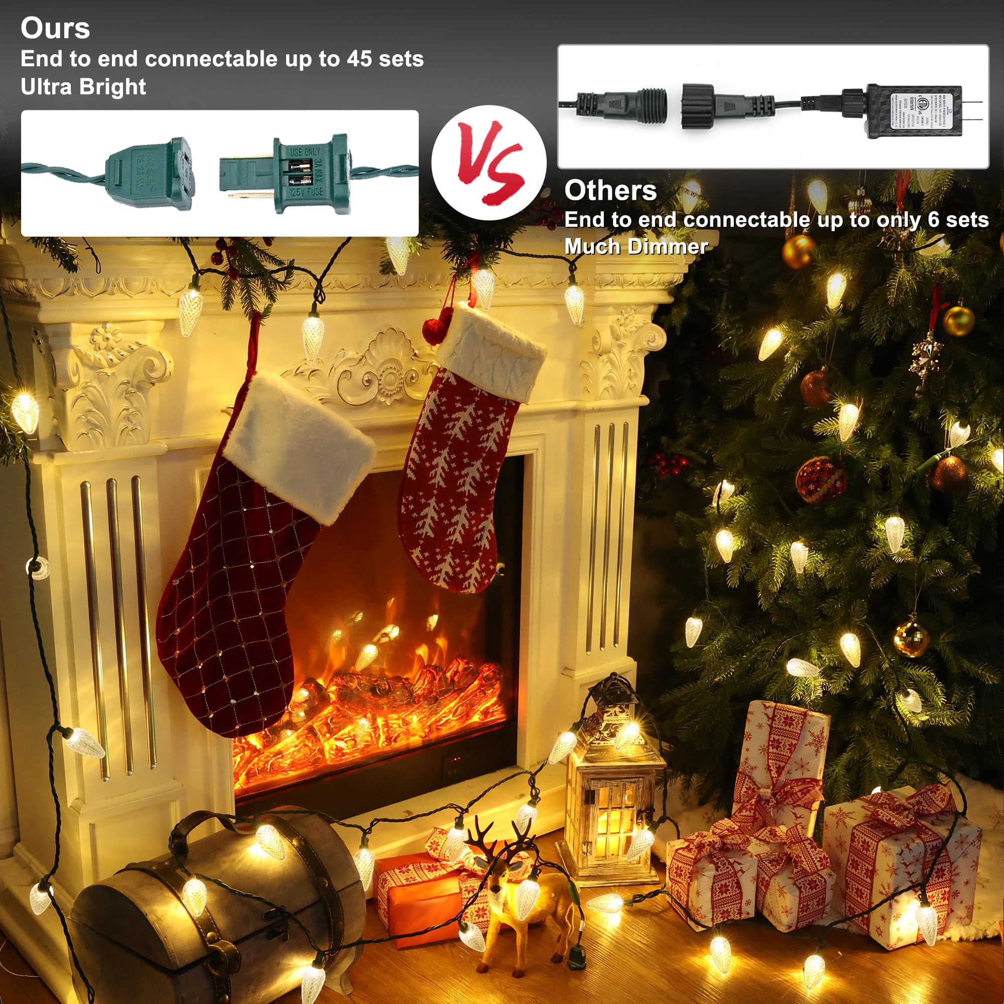 Brizled C9 LED Christmas Lights, 33ft 50 Warm White Connectable String Lights, UL Certified for Indoor Outdoor Use
