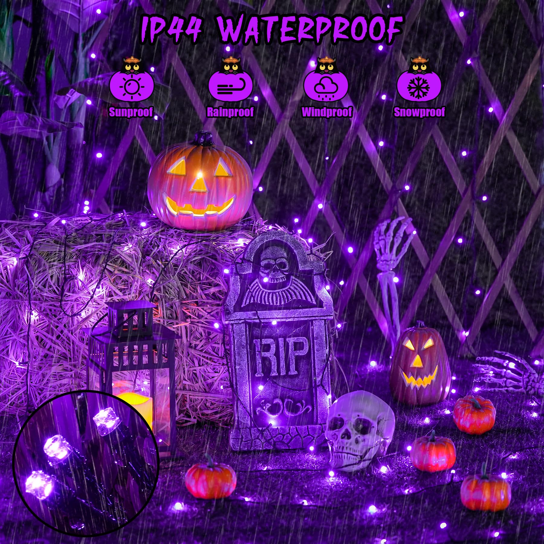 JMEXSUSS Solar String Lights 400 LED 151FT 2 Pack Purple Waterproof 8 Modes for Halloween Patio Decorations Model JM-S-200