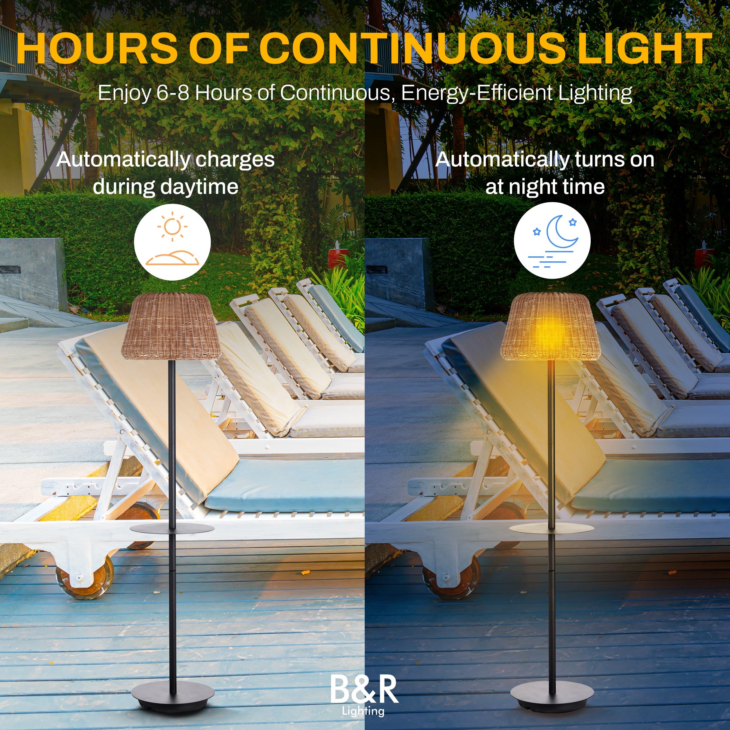 Solar Outdoor Floor Lamp With Table - Cordless Outdoor Floor Lamp - Patio, Porch, Garden - Rattan Wicker Lights For Outside - Waterproof, Rechargeable, Weatherproof