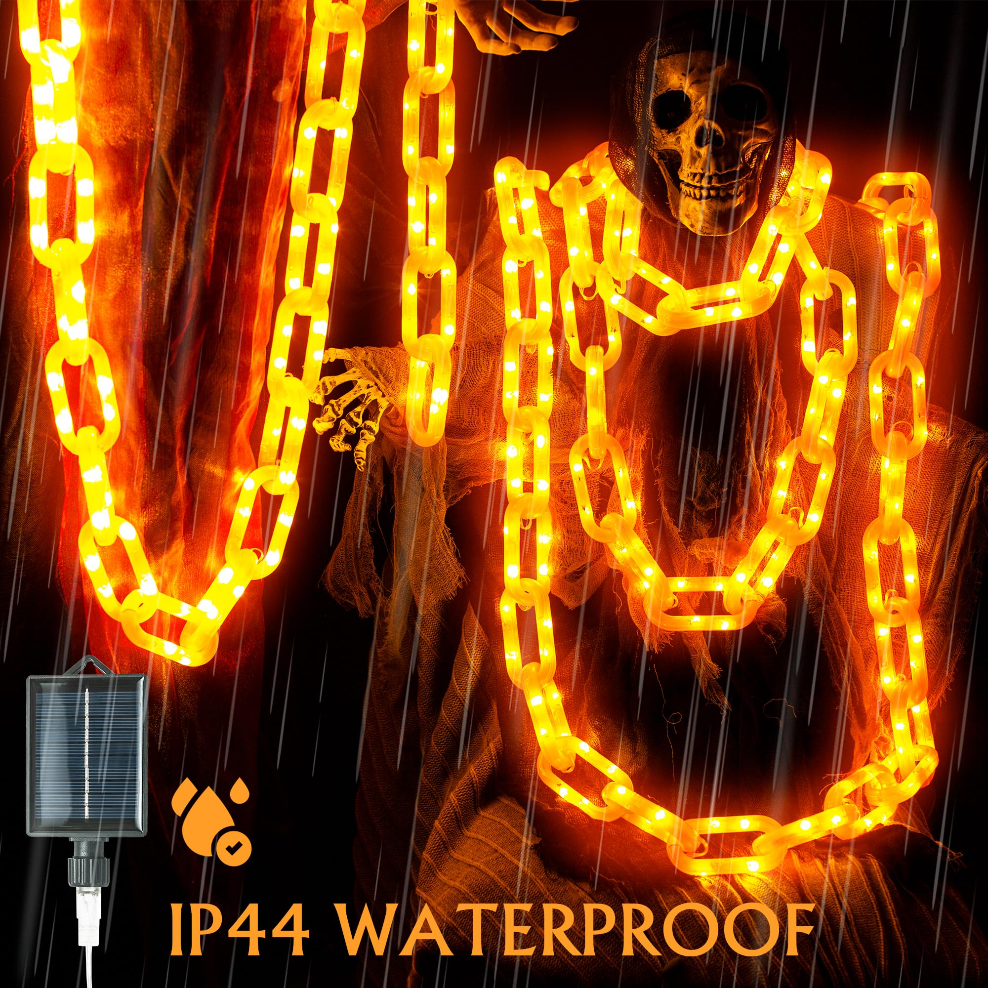 Halloween Decoration Solar Light String 6.6Ft  100 Led Orange Chain Lights. Ip44 Waterproof  8 Lighting Modes. Perfect For Horror Costume Accessories  Haunted House Courtyards & Halloween Party Decor.