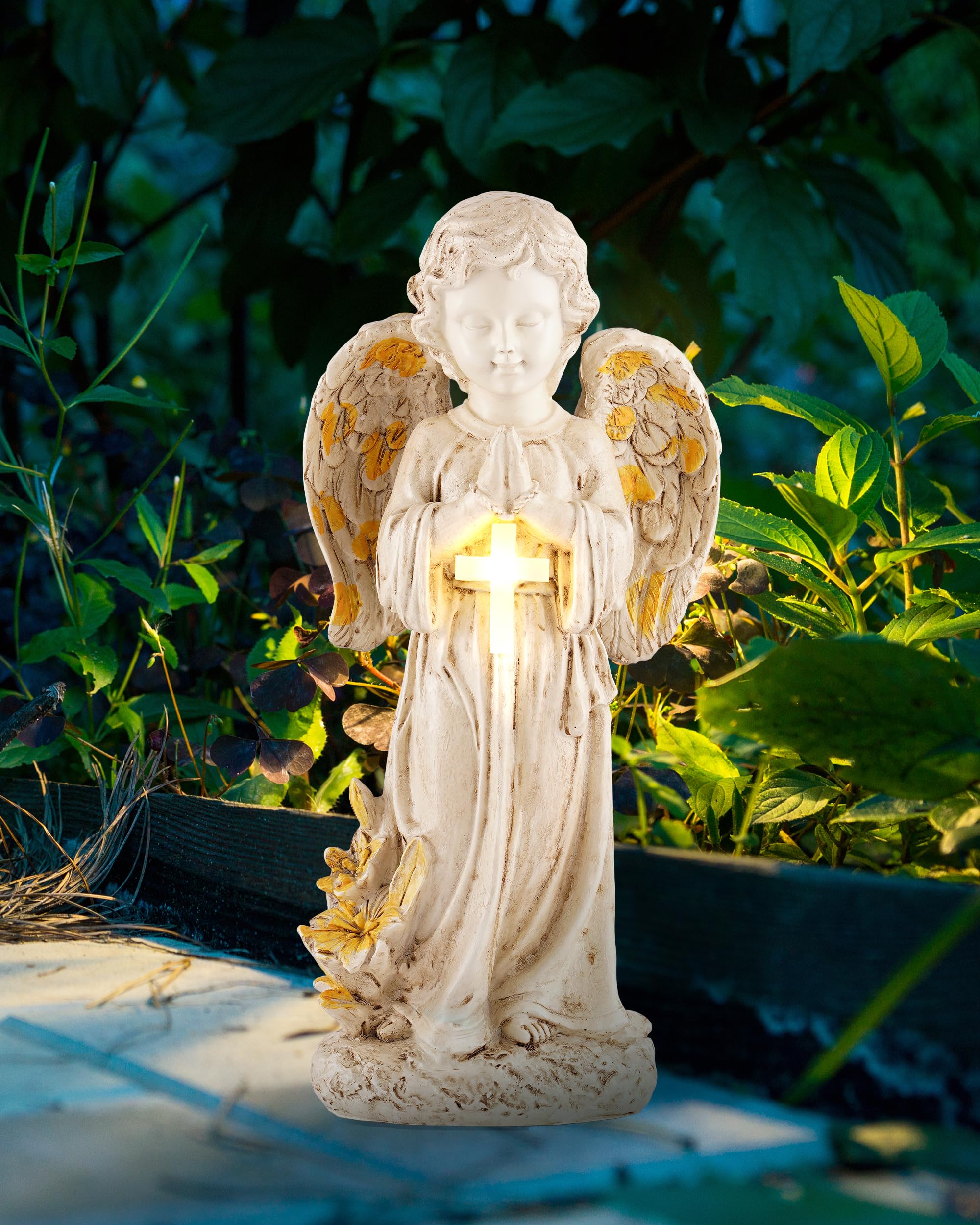 ATLIKE Solar Angel Statues for Outside, 12 Garden Solar Angel Figurines w/Lighted Cross, Guardian Angel for Cemetery, Yard, Path