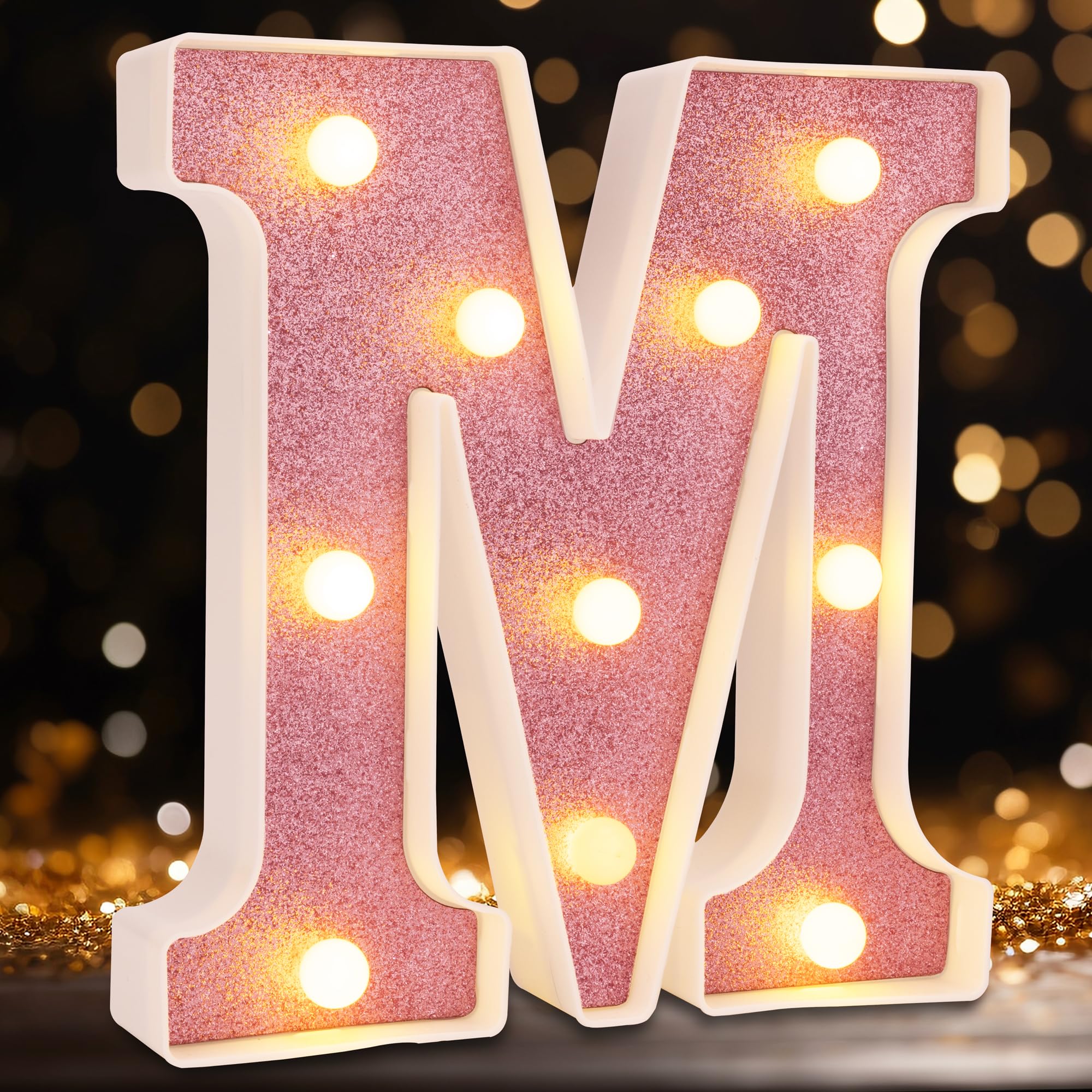 DyingSwan Small LED Marquee Letter M, 8.58 Inch Pink Glitter, Battery Powered Plastic Light Up Sign for Party and Decor