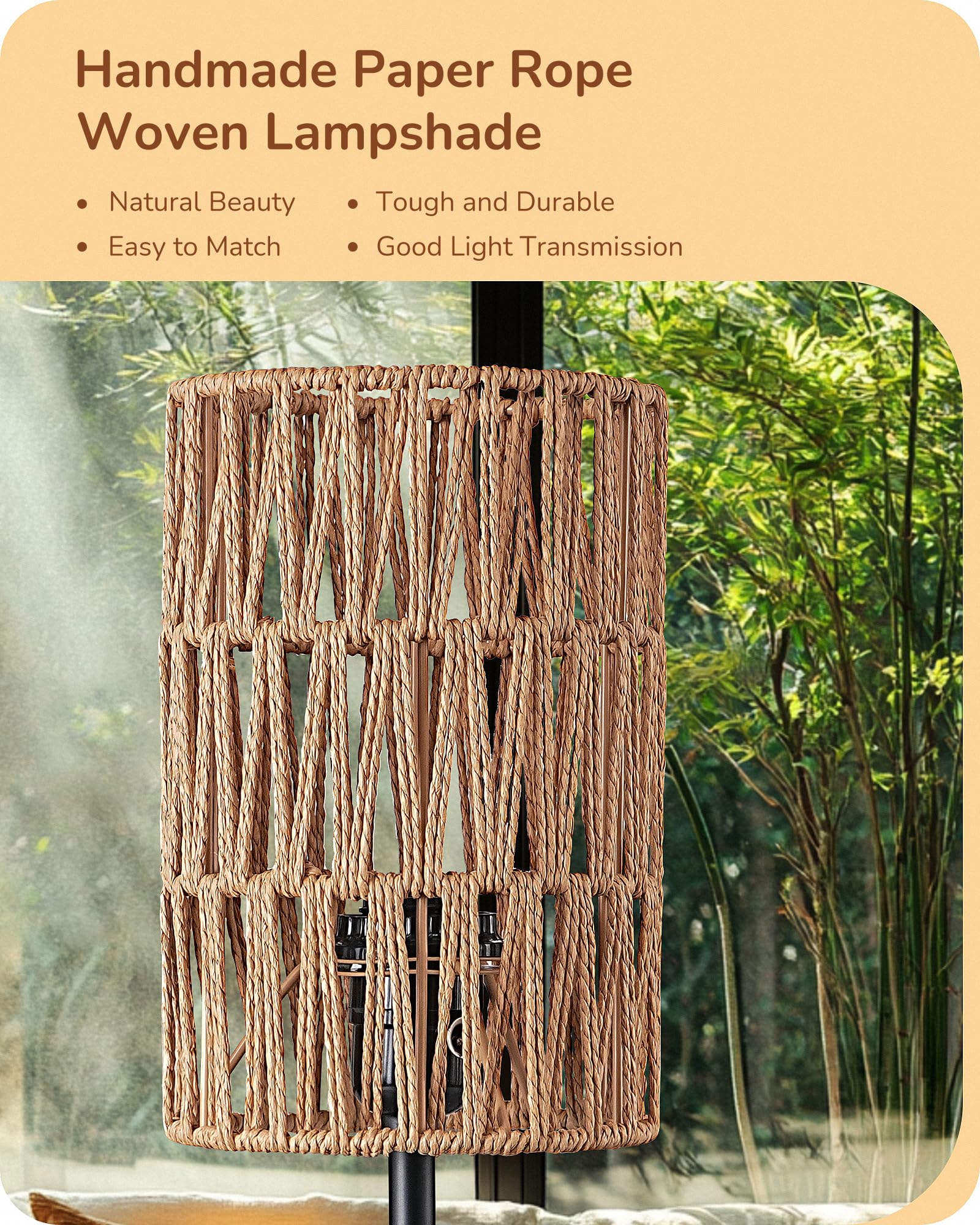 Edishine 19.1'' Rattan Table Lamp, Tall Bedside Lamp With W-Knit Lampshade, Pull-Chain Switch & E26 Socket, Metal Base Boho Nigh