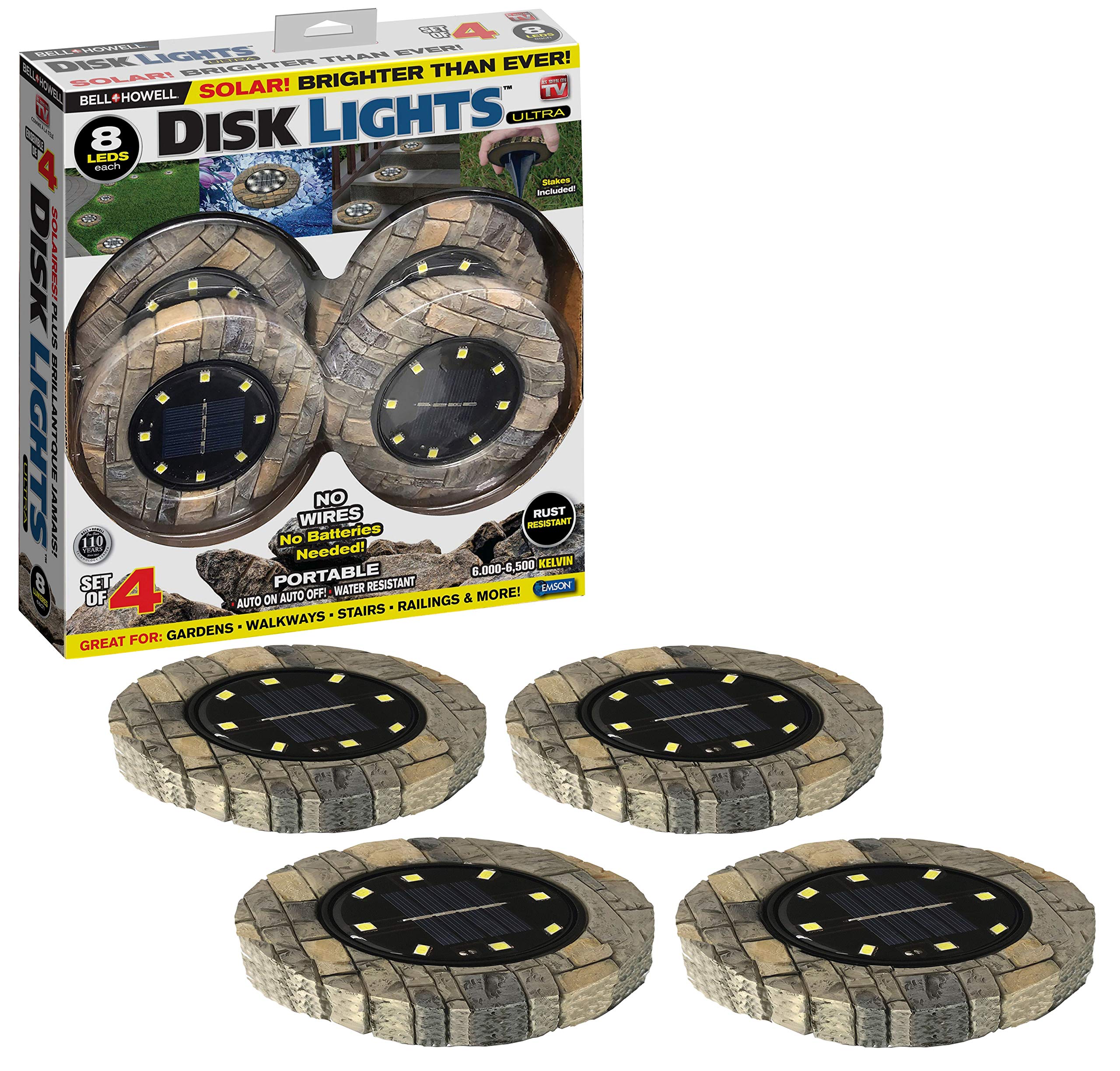 Bell+Howell 8-Bulb Camouflaged Led Disk Lights - Auto On/Off Outdoor Lighting, Tan