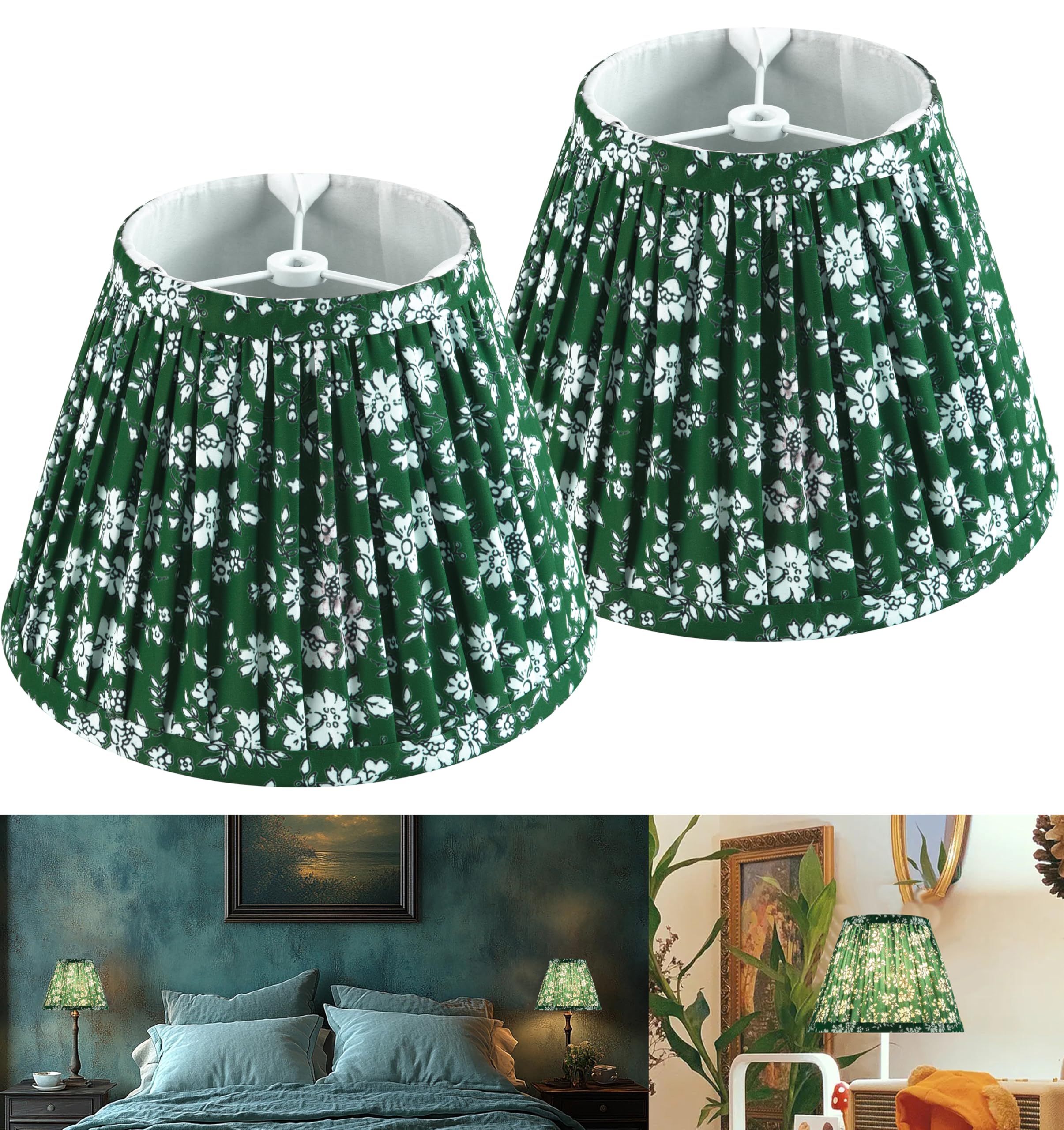 GO&SO Pleated Lamp Shades Set of 2 Small Mini, 5  9  6.4(Spider) Farmhouse Floral- Soft Green Textured Fabric Crinkle Lamp Shade