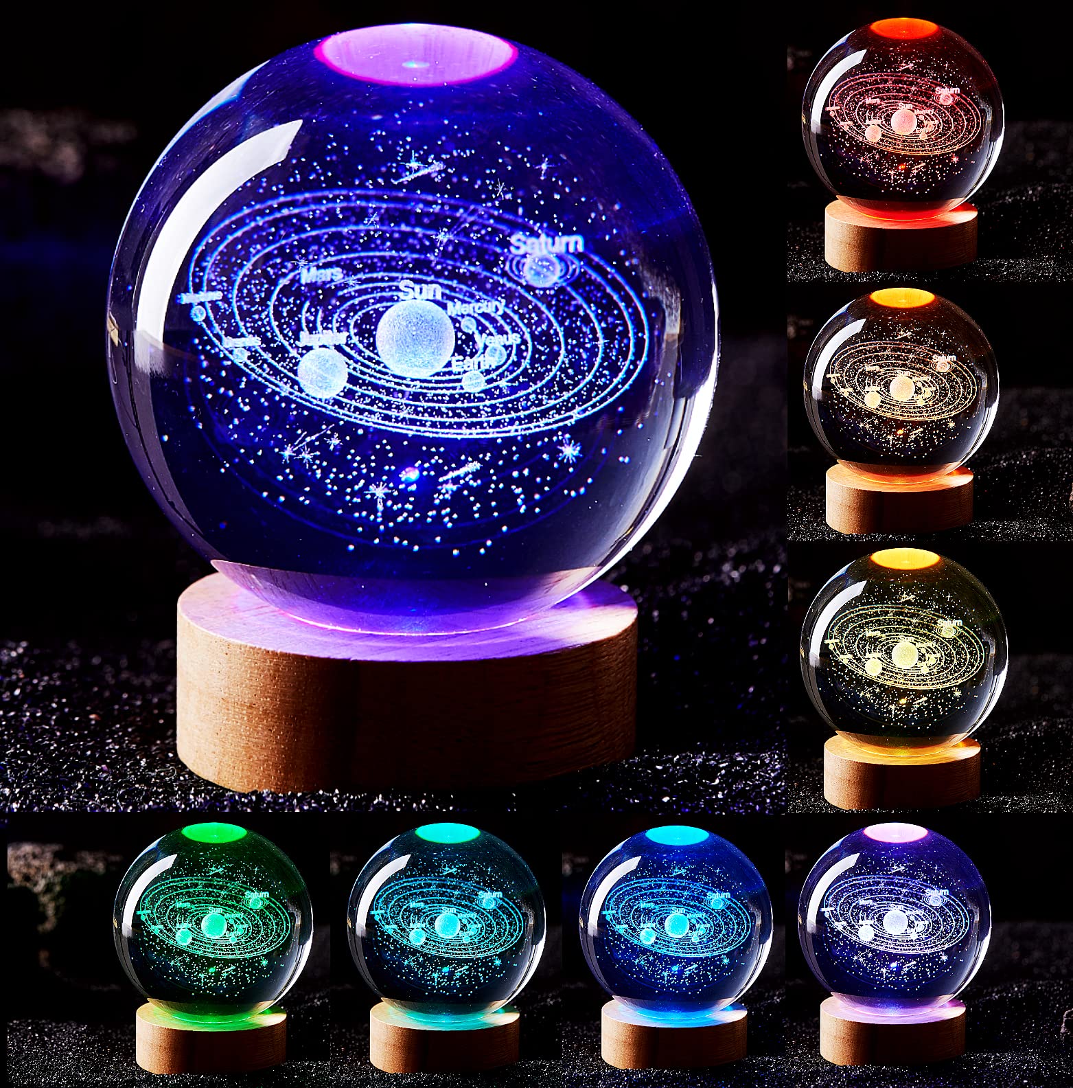 3D Solar System Crystal Ball Lamp,3.15 Inch K9 Crystal Ball Night Light With Wooden Base,16 Colors Changing With Remote Control,3D Planet Laser Engraving Holographic Light (Solar System)