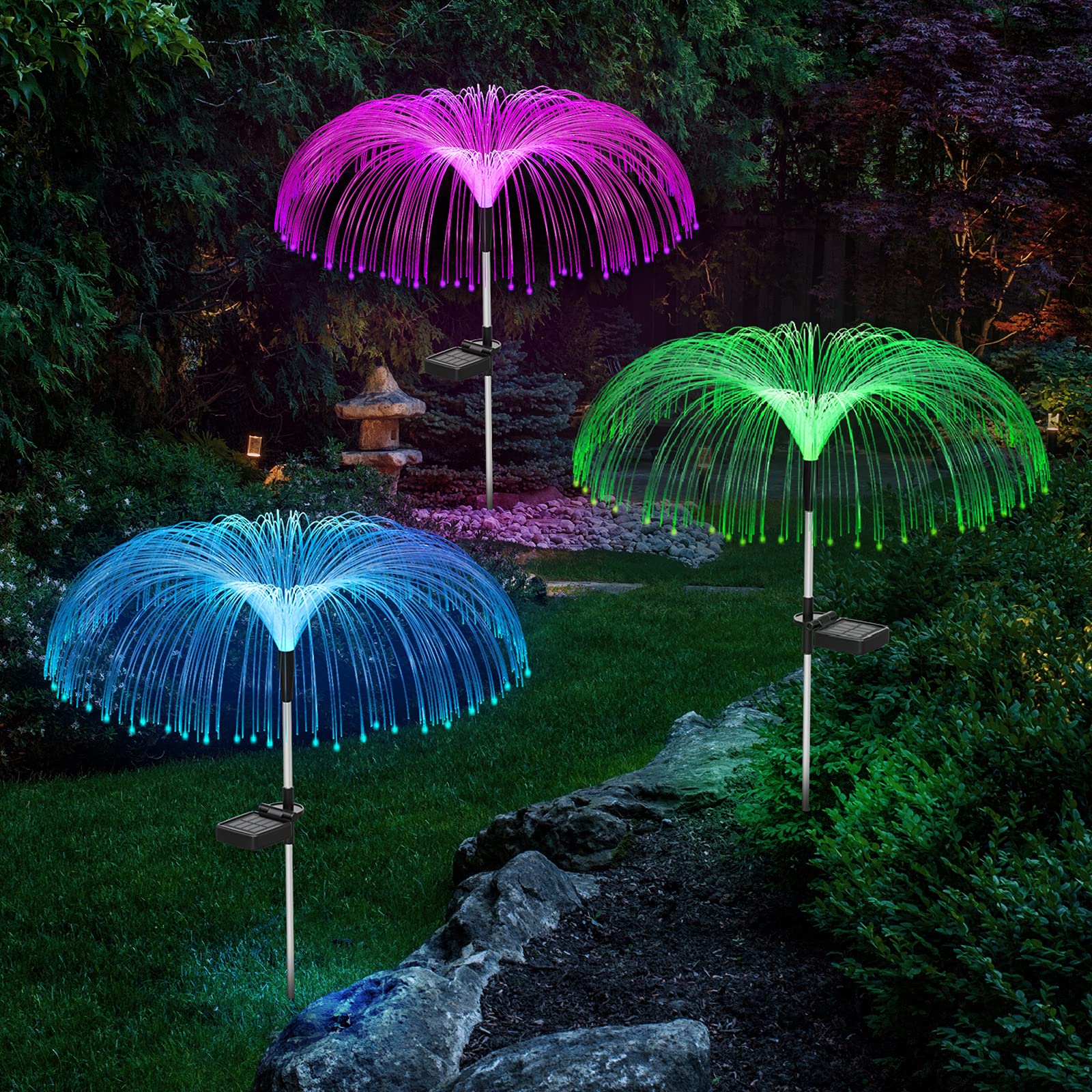Vosaro Solar Jellyfish Lights Outdoor Garden Waterproof 3 Pack,Outdoor Solar Powered Flowers Lights,7 Color Changing Solar Stake