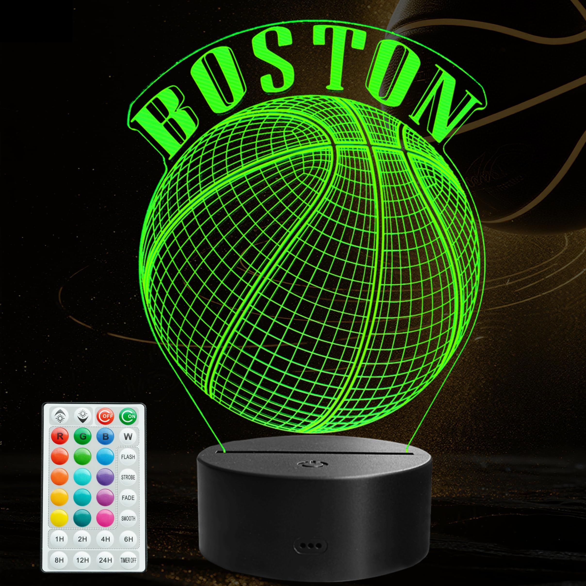 POSSHE Basketball Night Light, Boston Gifts for Boy, 3D Illusion Lamp with Remote Control, 16 Colors Changing, RGB Flashing Mode