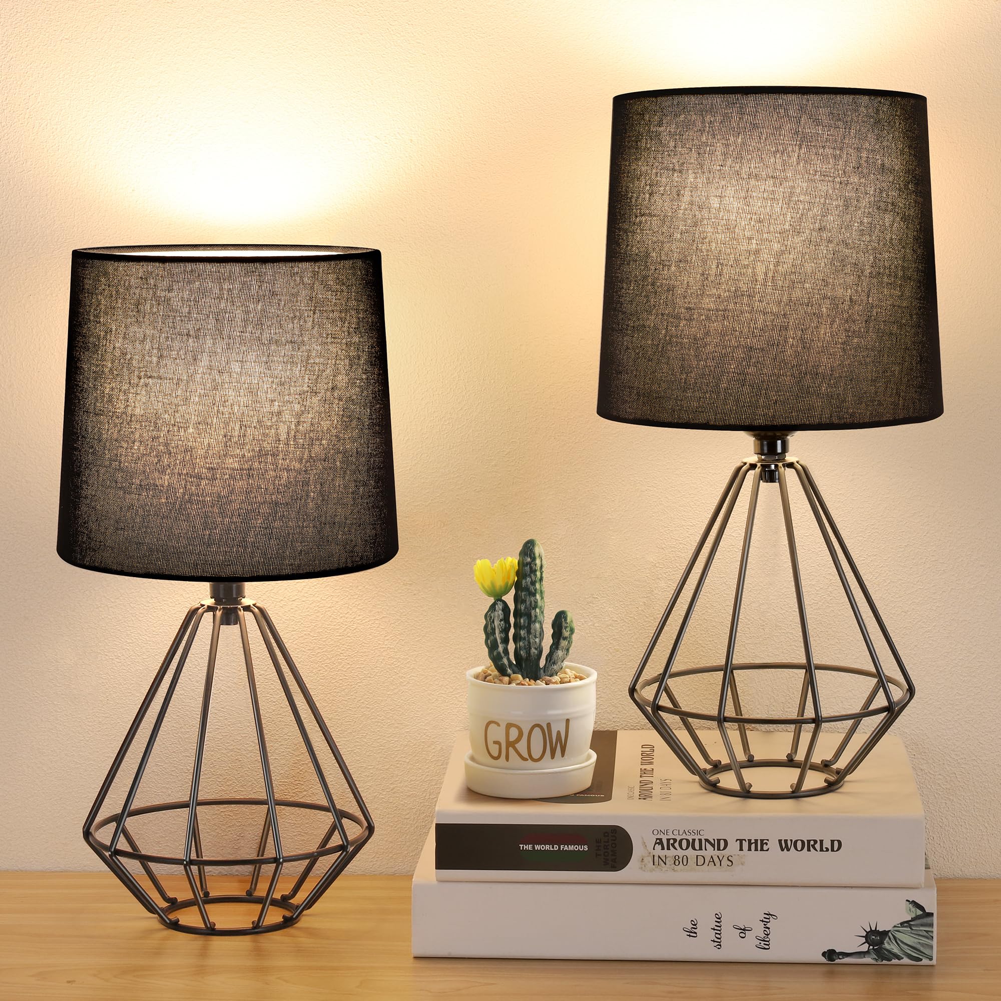 GGOYING Set of 2 Bedside Table Lamp, Black Metal Modern Lamp with Black Fabric Shade, Simple Side Lamp for Living Room,Bedroom,H
