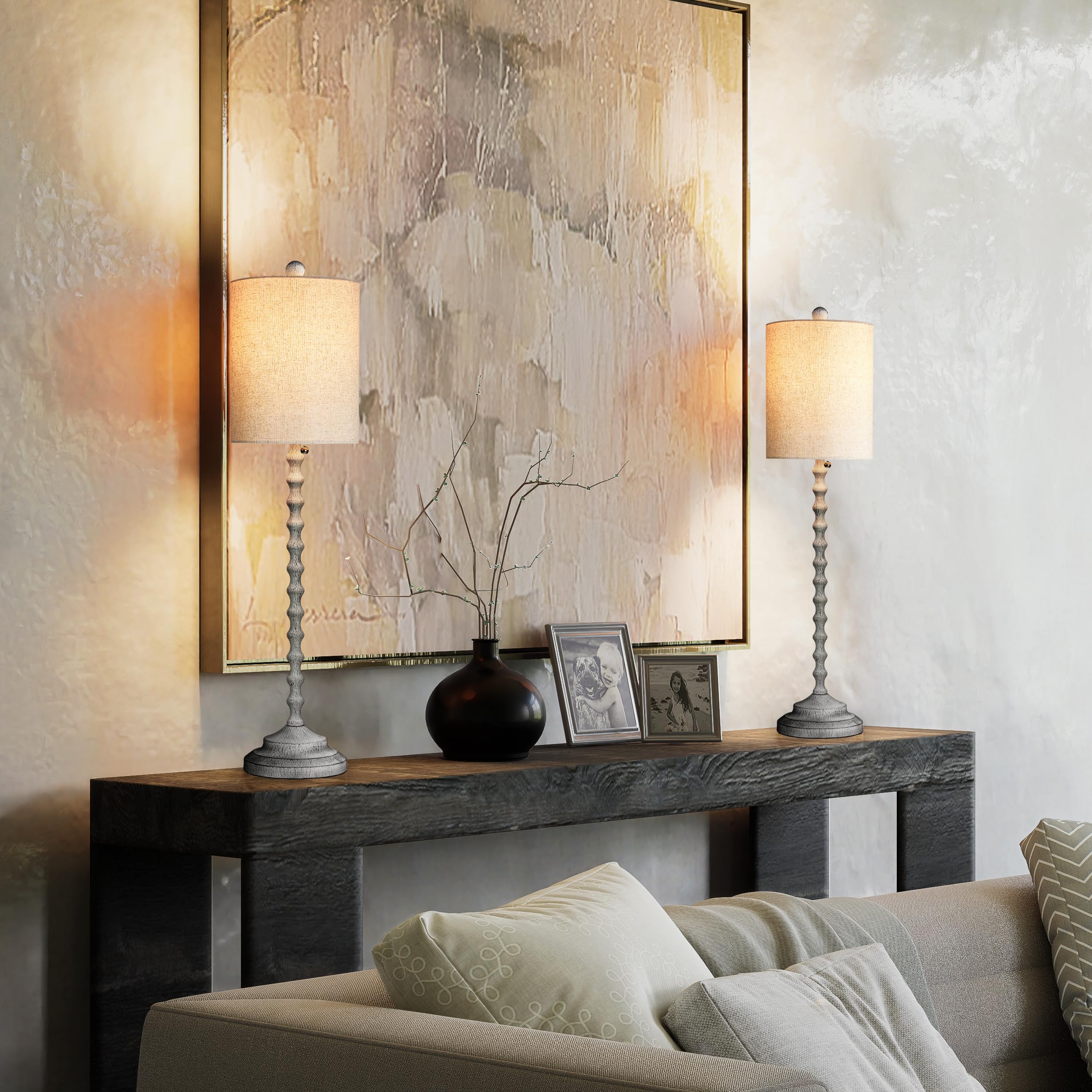 Lampworks Table Lamp Set of 2, 29.5'' Tall, Gray Linen Shade, Elegant Bedroom & Living Room Lighting, Model TLS1052