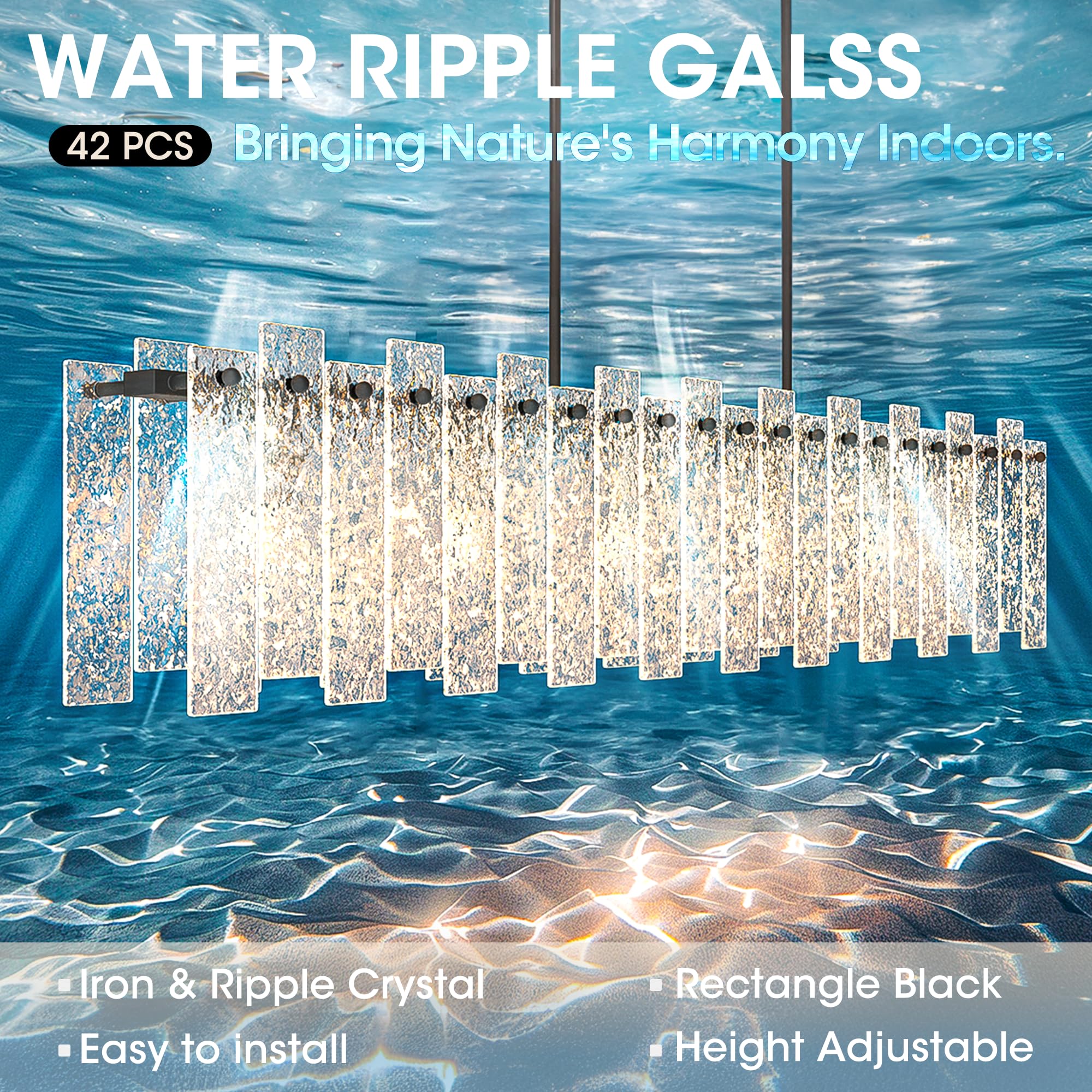 Danshinro 4FT Black Chandelier - Linear Crystal Design with Water Ripple Glass, L22 Model, 6 Bulb Capacity, Ideal for Dining Room