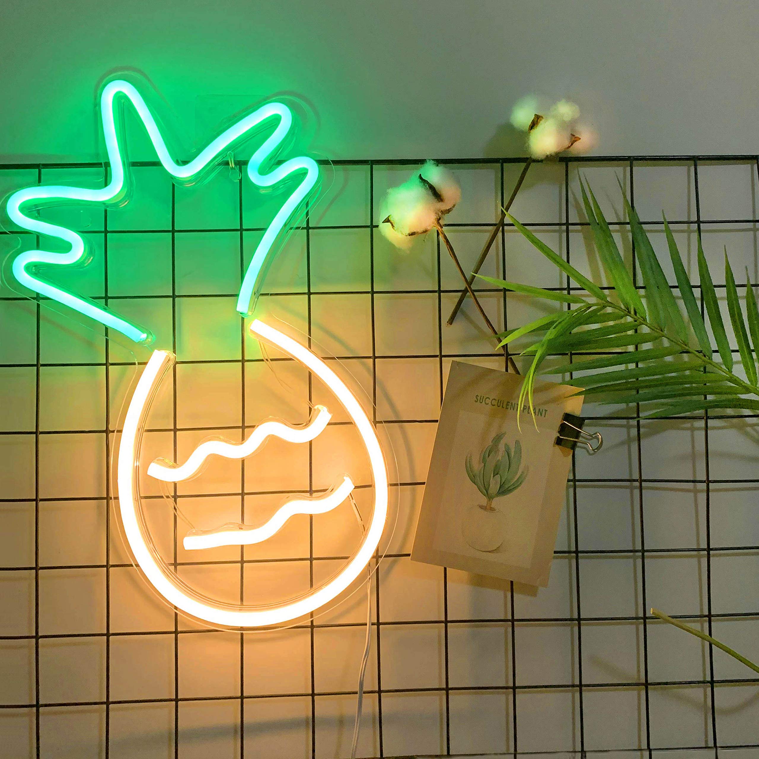 NiniTe LIGHTS Pineapple Neon Sign, LED Night Light, USB Powered Wall Decor, Yellow/Pink/Blue/Green