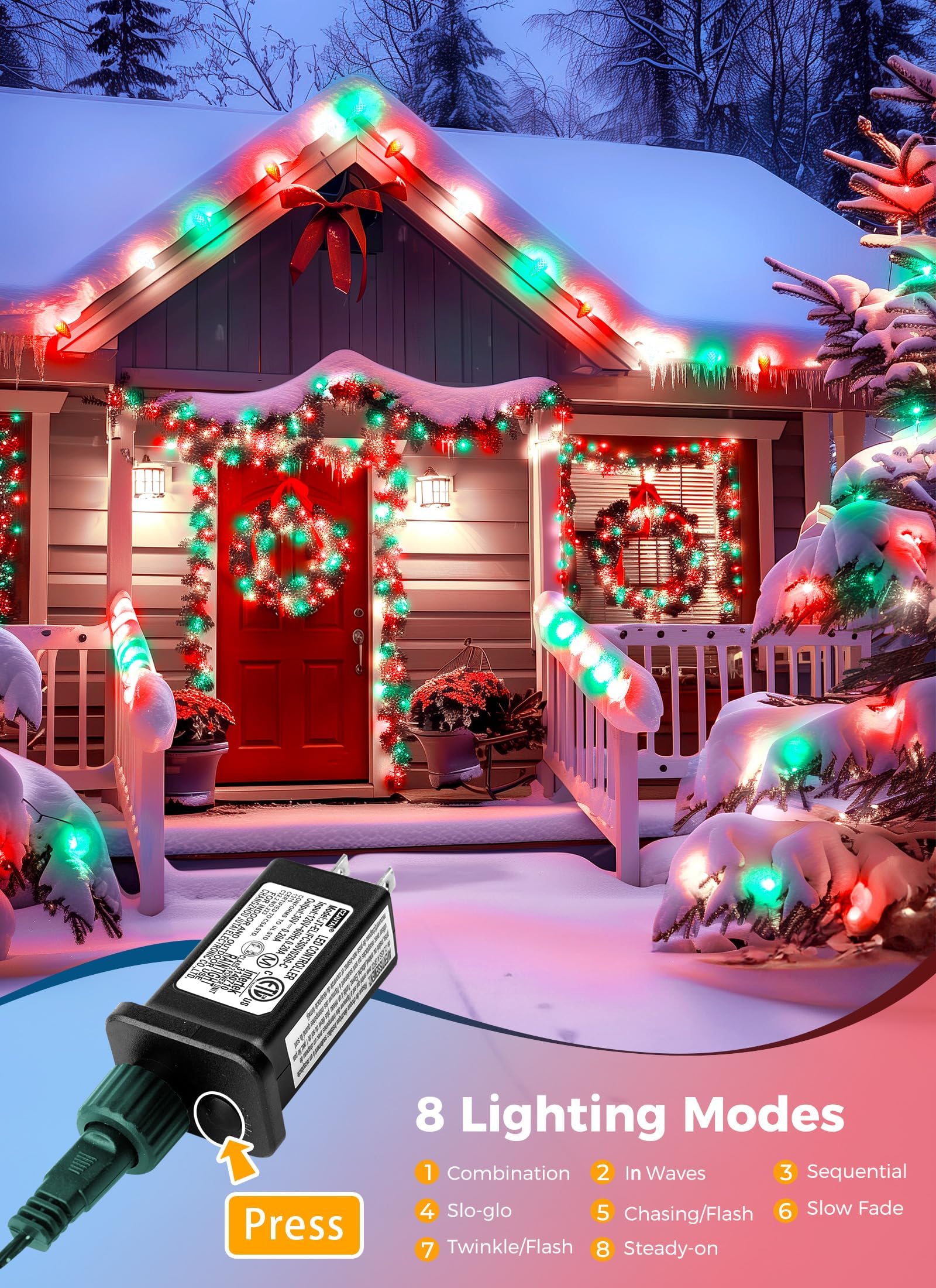 Minetom C9 LED Christmas String Lights - 82ft, 100 LEDs, Red and Green, Timer, 8 Modes, Outdoor Decoration, Model GVLV100/10F