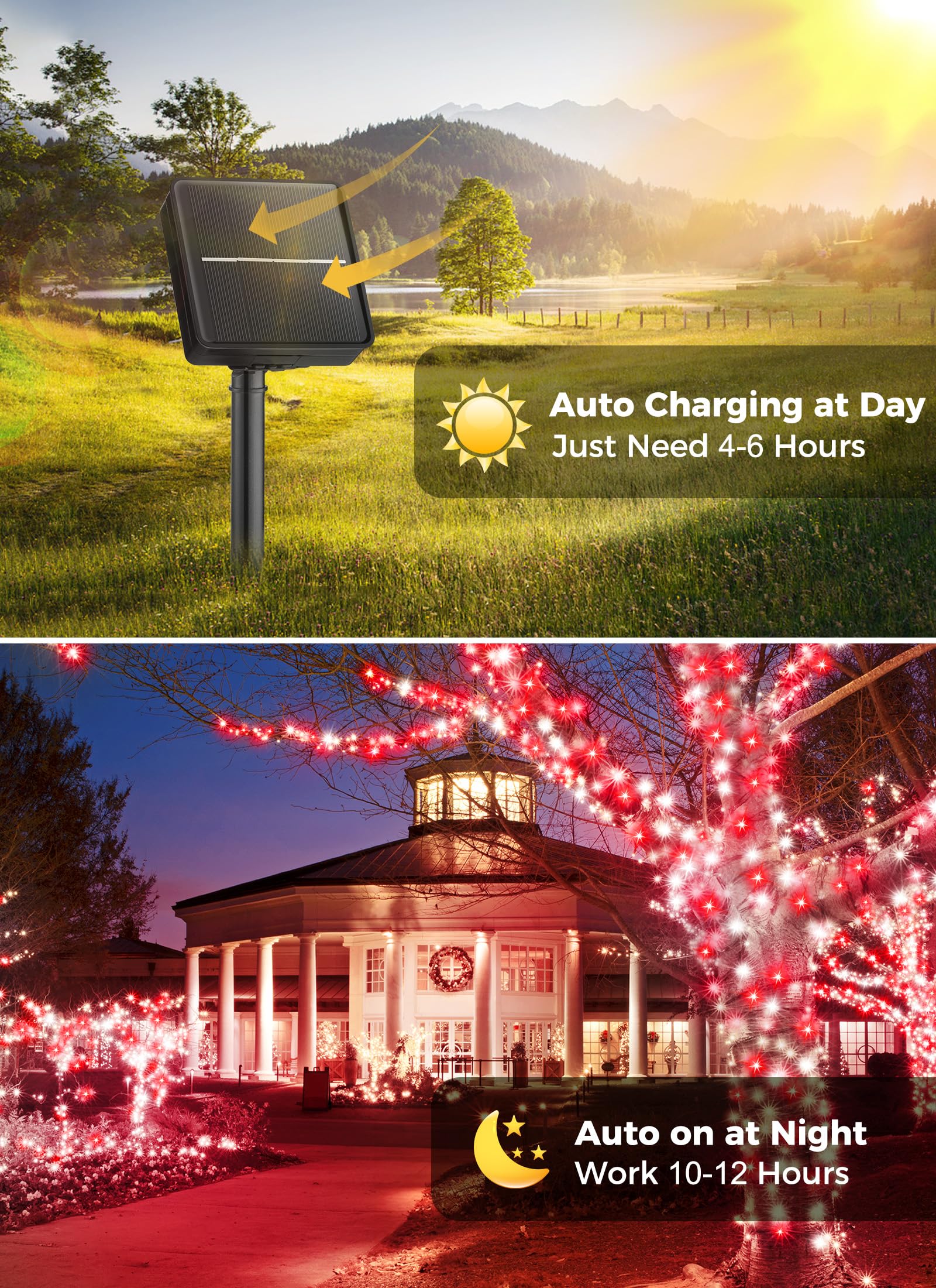 Minetom Solar Christmas Lights Outdoor Waterproof, 2 Pack Total 80Ft 200 Led Solar Lights With 8 Modes, Solar Christmas Outdoor Decoration, Solar String Lights For Outside House Tree,Red & Pure White