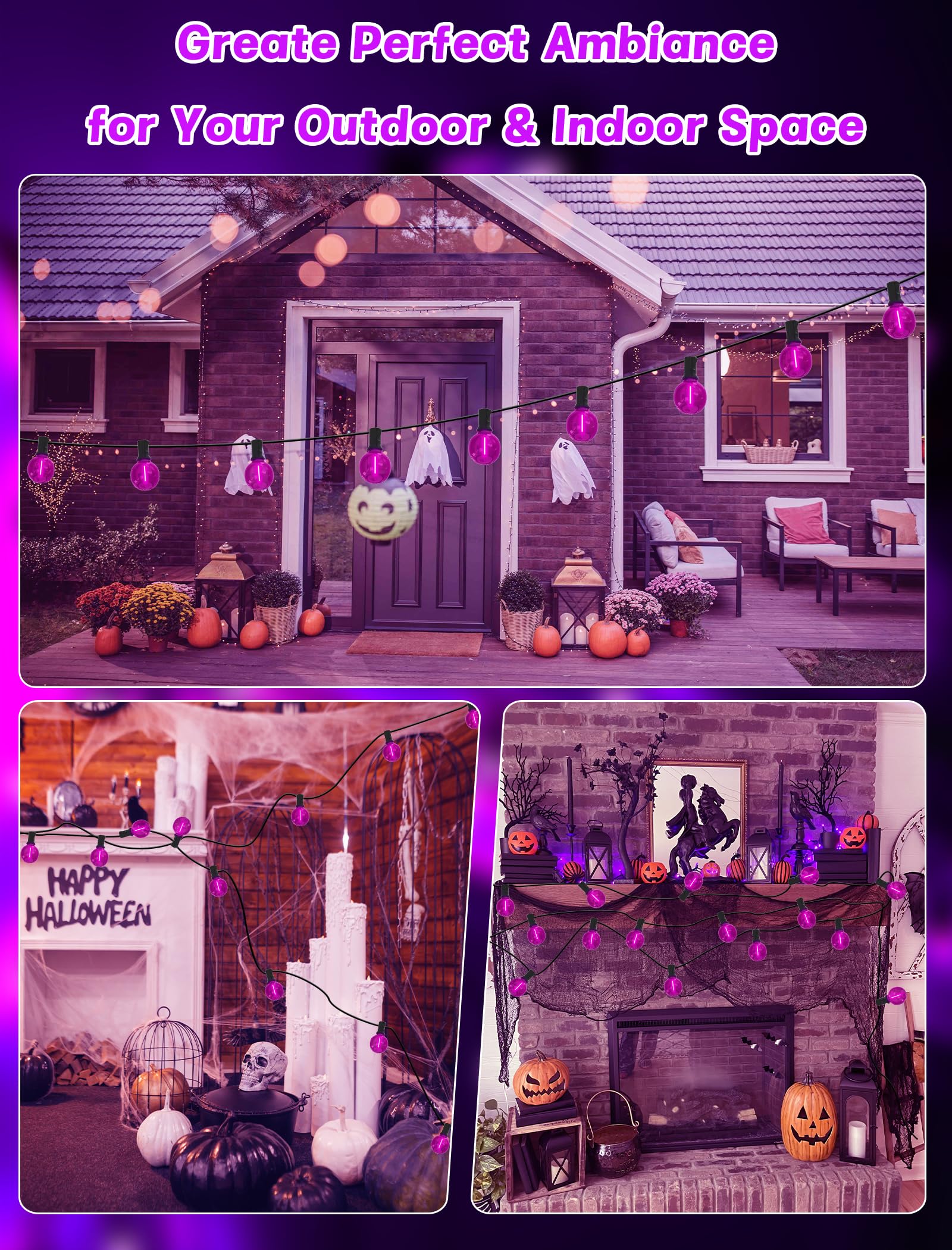 Sunsgne G40 Led Purple Lights Outdoor  25 Feet Halloween Purple String Lights With 25 Count Bulbs For Halloween Thanksgiving Indoor Outdoor Party Festival Haunted House Decor