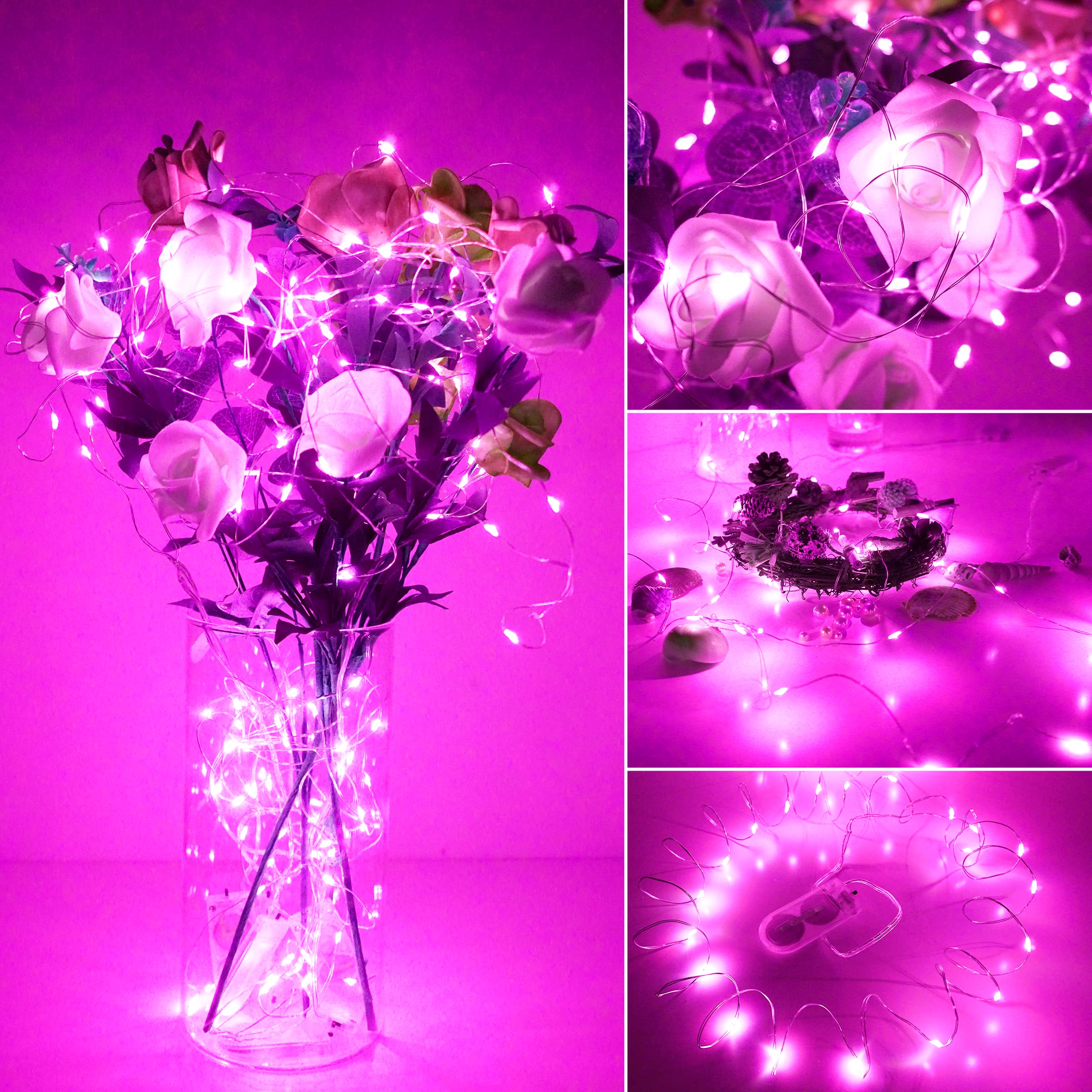 Sunkite 20 Led Fairy String Lights, Waterproof 6.6Ft Silver Copper Wire, Pink For Parties & Decor