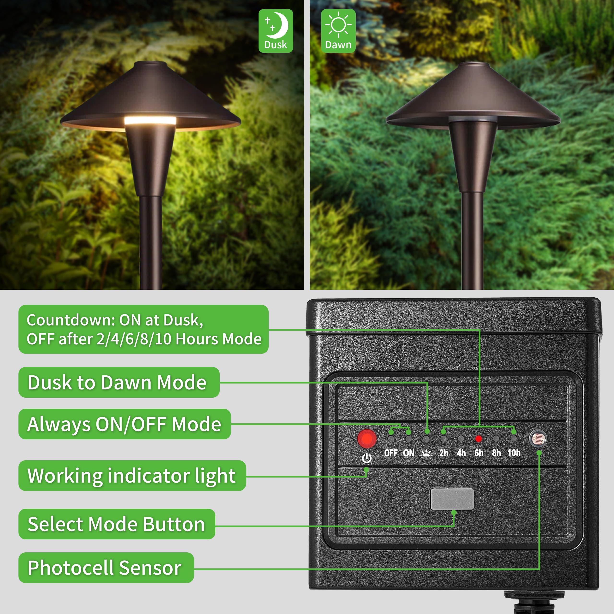 QITIM 60W Low Voltage Landscape Transformer with Timer and Photocell Sensor, 120V AC to 12V DC, Dusk to Dawn and 2/4/6/8/10 Coun