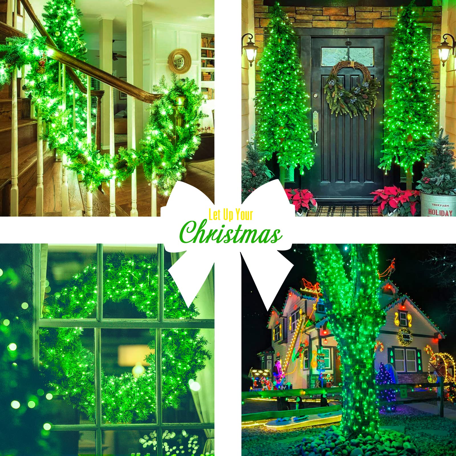 JMEXSUSS 600 Green LED String Lights, Waterproof, 8 Modes, Clear Wire, Model EXS-S-0600, for Outdoor Halloween & St. Patricks Day Decor