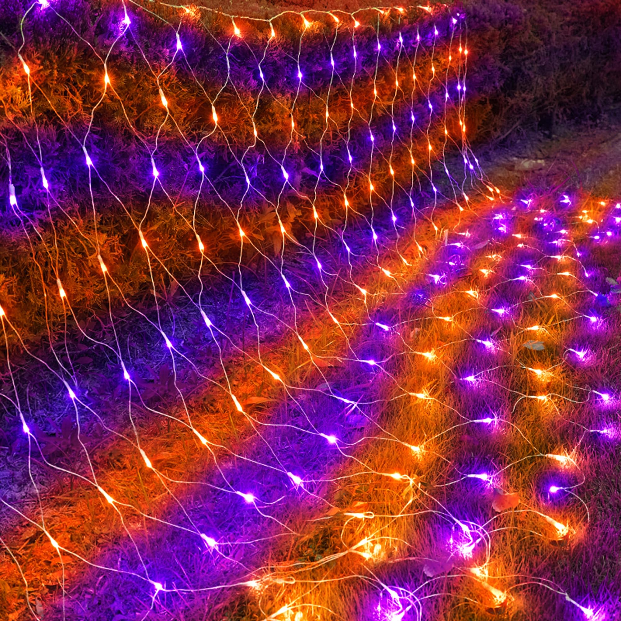 kemooie 198 LED Halloween Lights, 9.8FT x 6.6FT Halloween Net Lights, Connectable 8 Twinkle Modes Mesh Lights for Garden Patio Halloween Decorations (Orange and Purple)