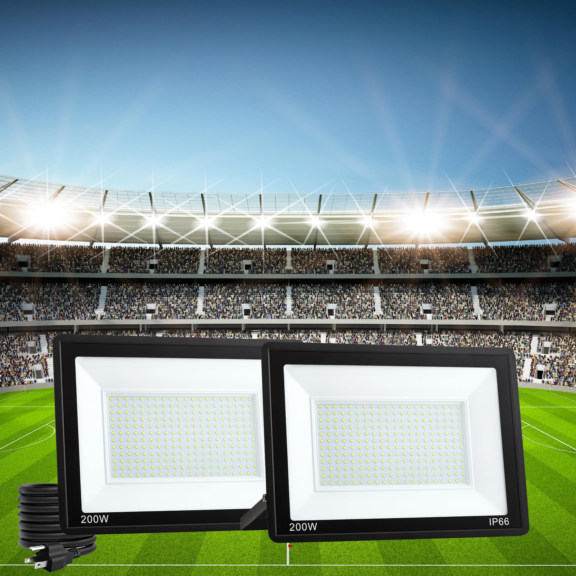 ADYENA 2 Pack 200W LED Flood Lights Outdoor Plug in, 25000 LM Super Bright Led Stadium Lights, Waterproof LED Work Light, IP66 6