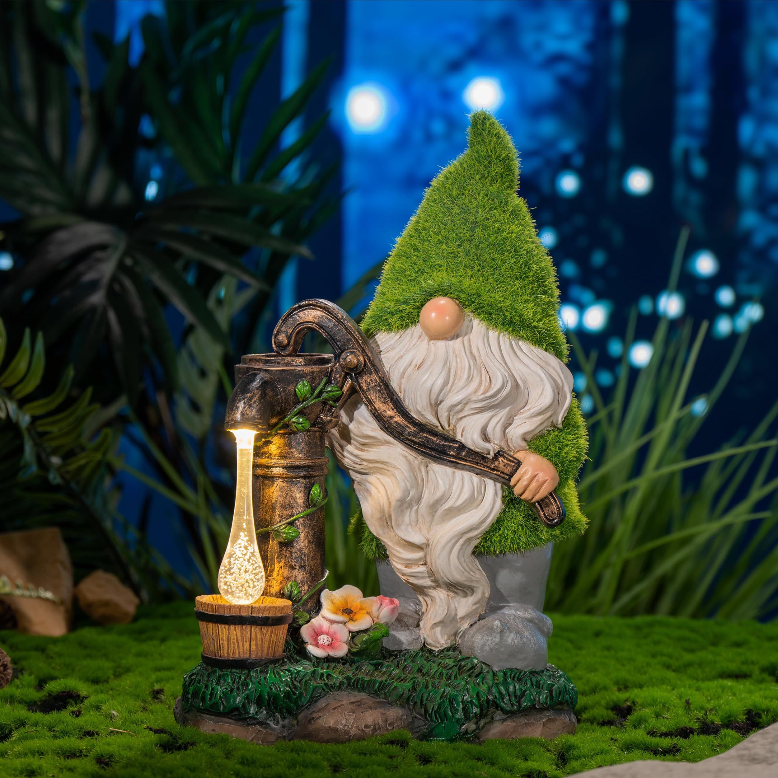 TERESA'S COLLECTIONS Garden Gnome Decor with Solar Lights, 9" Green Resin Outdoor Ornament for Porch & Patio