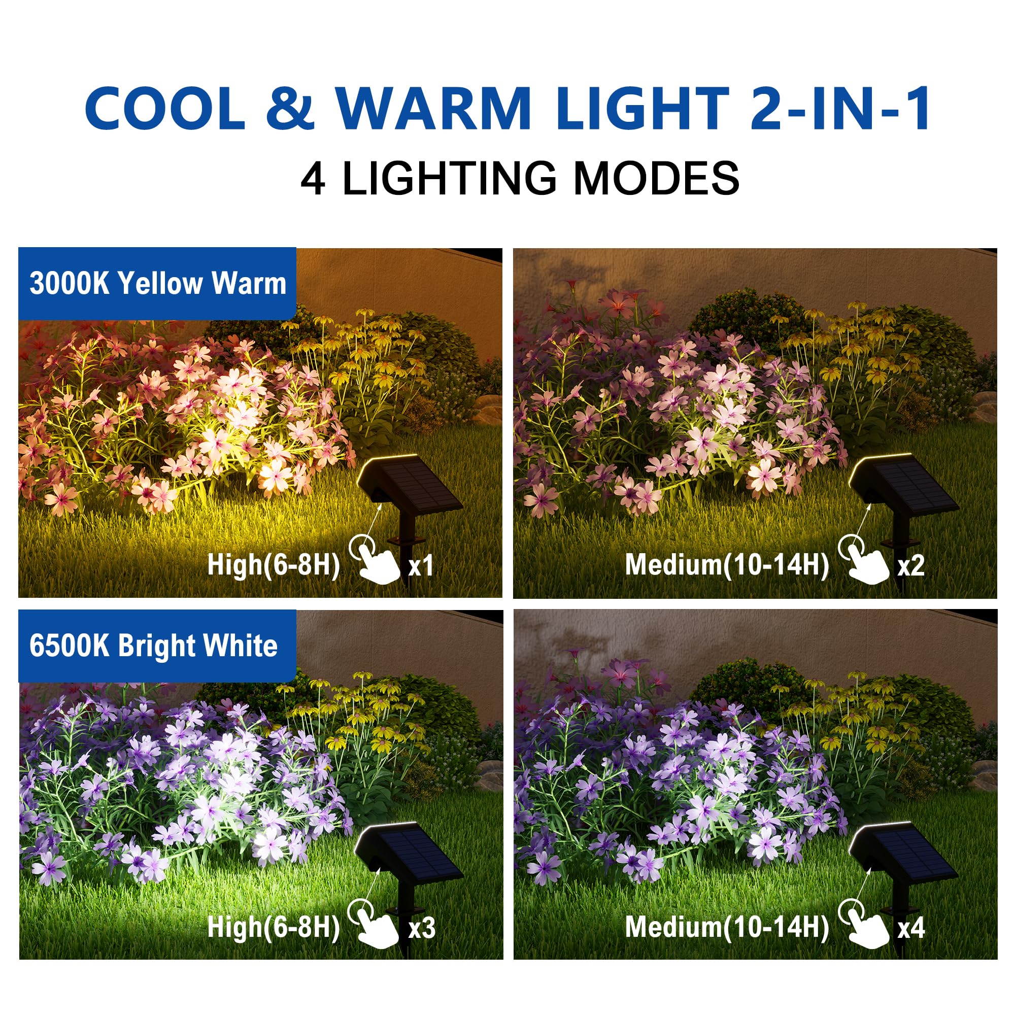 Jejot Solar Lights Outdoor Waterproof Ip65  Super Bright Led  2Cct 4 Lighting Modes 3000K/6500K Selectable  Solar Powered Yard Garden Solar Spot Lights For Outside Landscape Auto On/Off -2 Pack