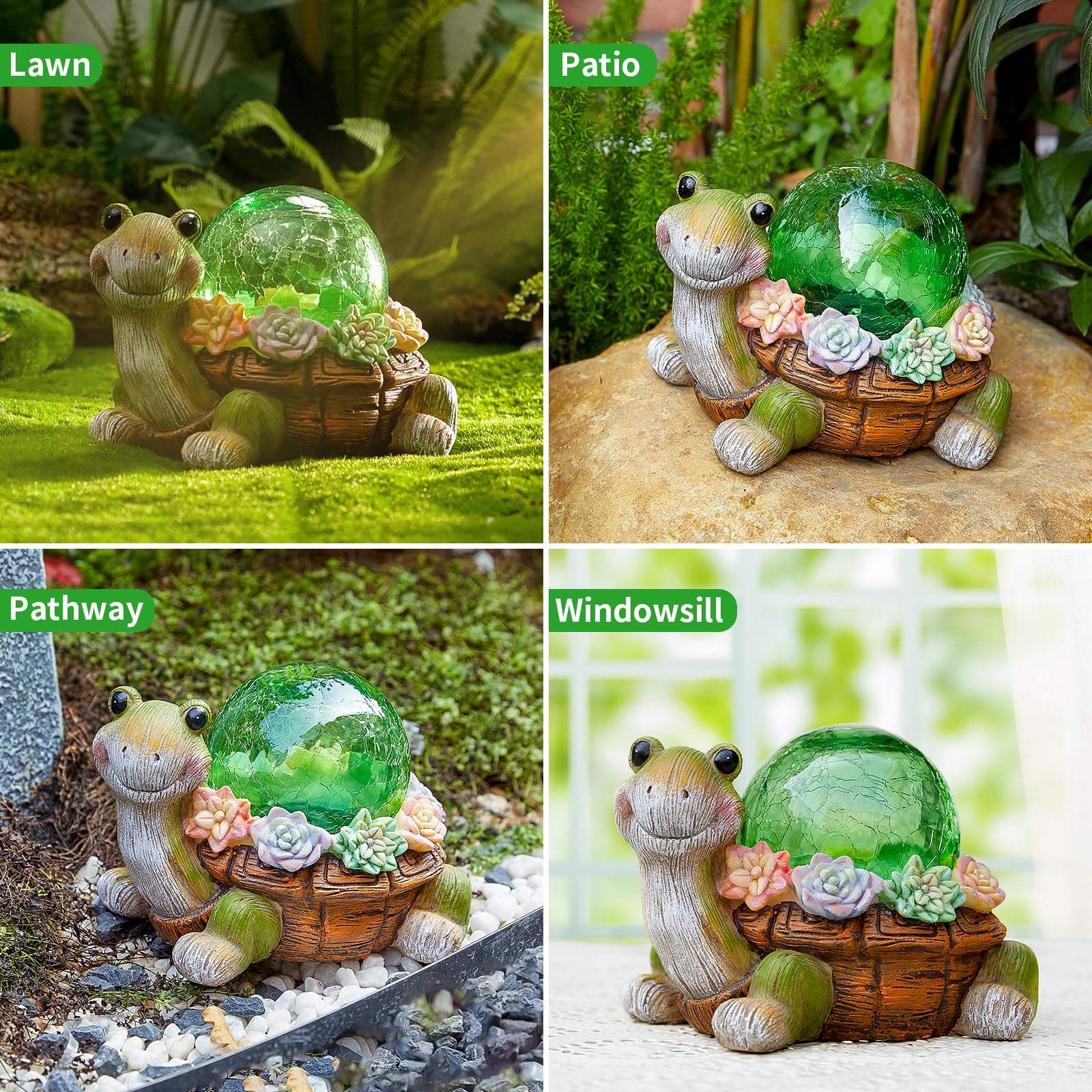 Vasesun Solar Turtle Garden Statue Lights For Outdoor Decor With Cracked Glass Led Figurine Lighting Resin Succulent Tortoise Decorations Patio Lawn Yard Housewarming Mom Gifts