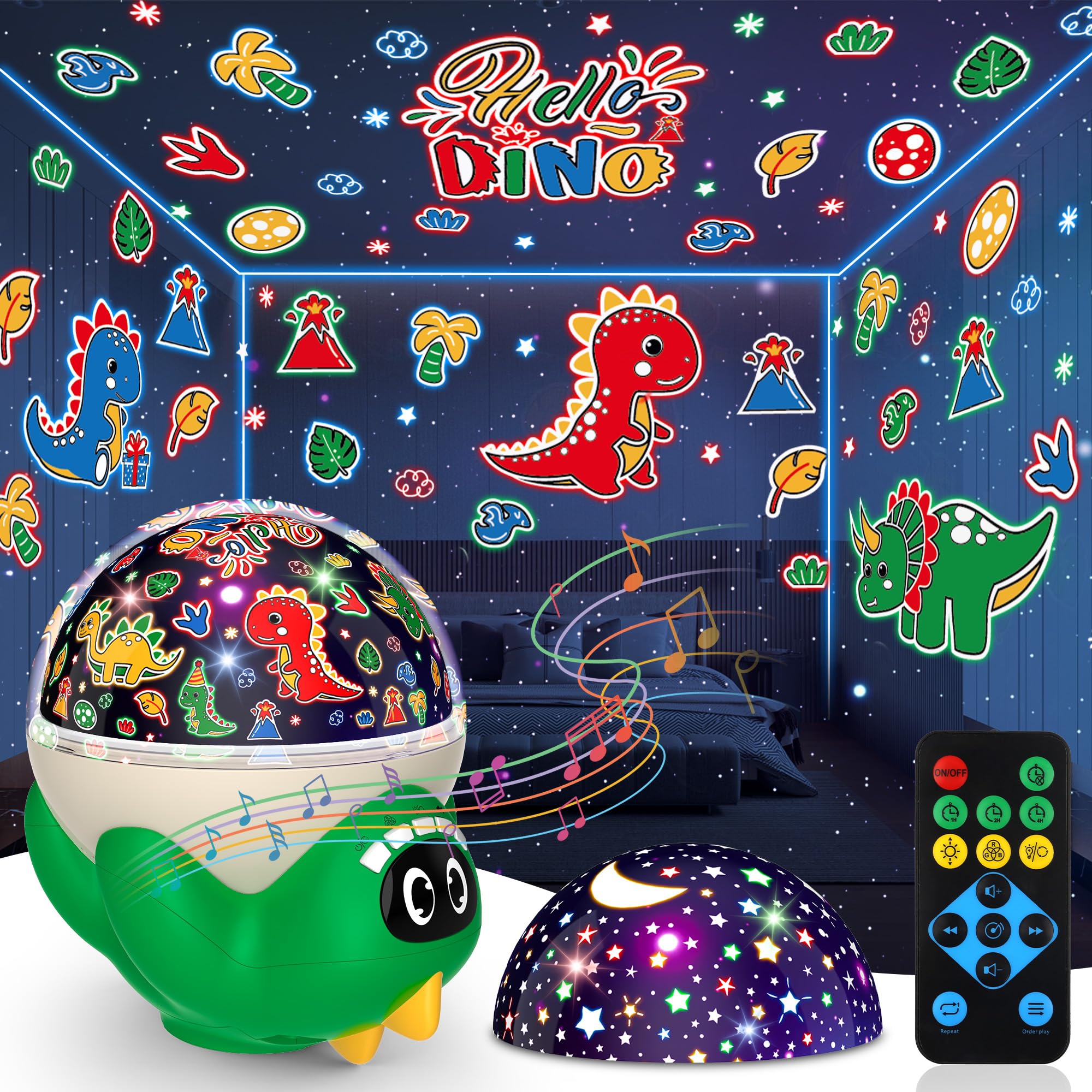 MOKOQI Dinosaur Night Light Projector for Kids, Green-Dino, Remote Control, 10 Soothing Music, Model 012-1361B